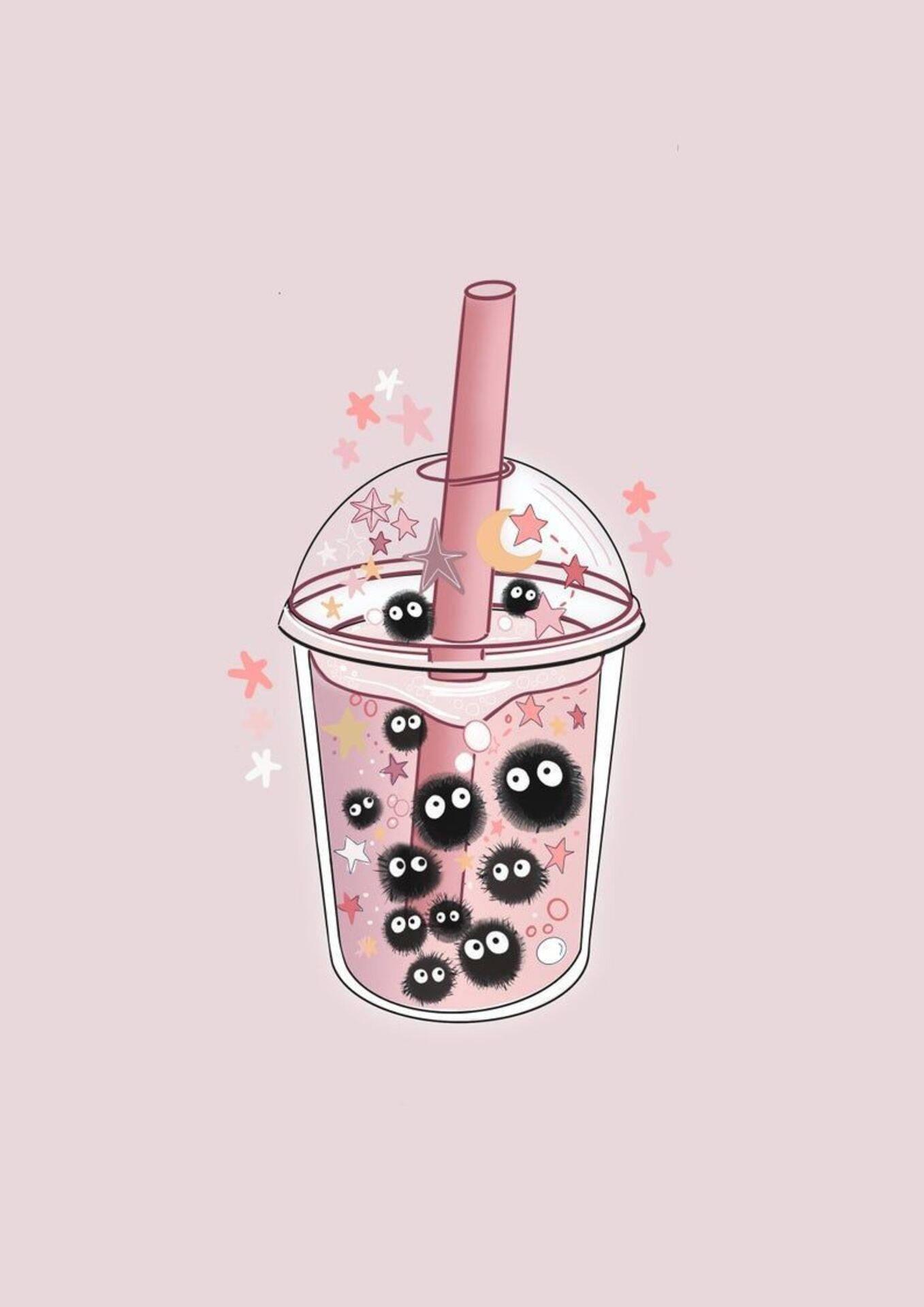 1357x1920 Download Susuwatari Pink Bubble Tea Wallpaper