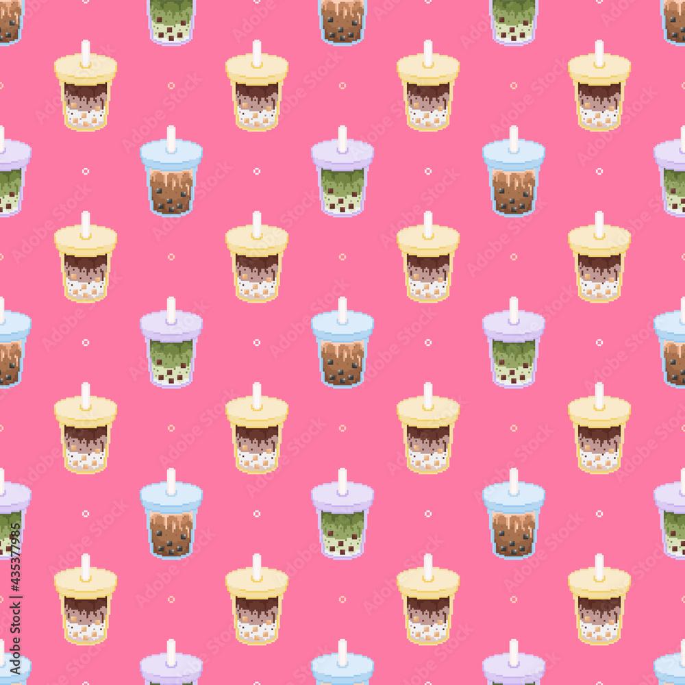 1000x1000 Pixel art seamless bubble milk tea pattern. Cute Pink background with colorful boba tea drinks pattern. Vintage 8 bit bubble tea pattern for textile, fabric, paper, decoration. Vector tile backdrop. Stock Vector