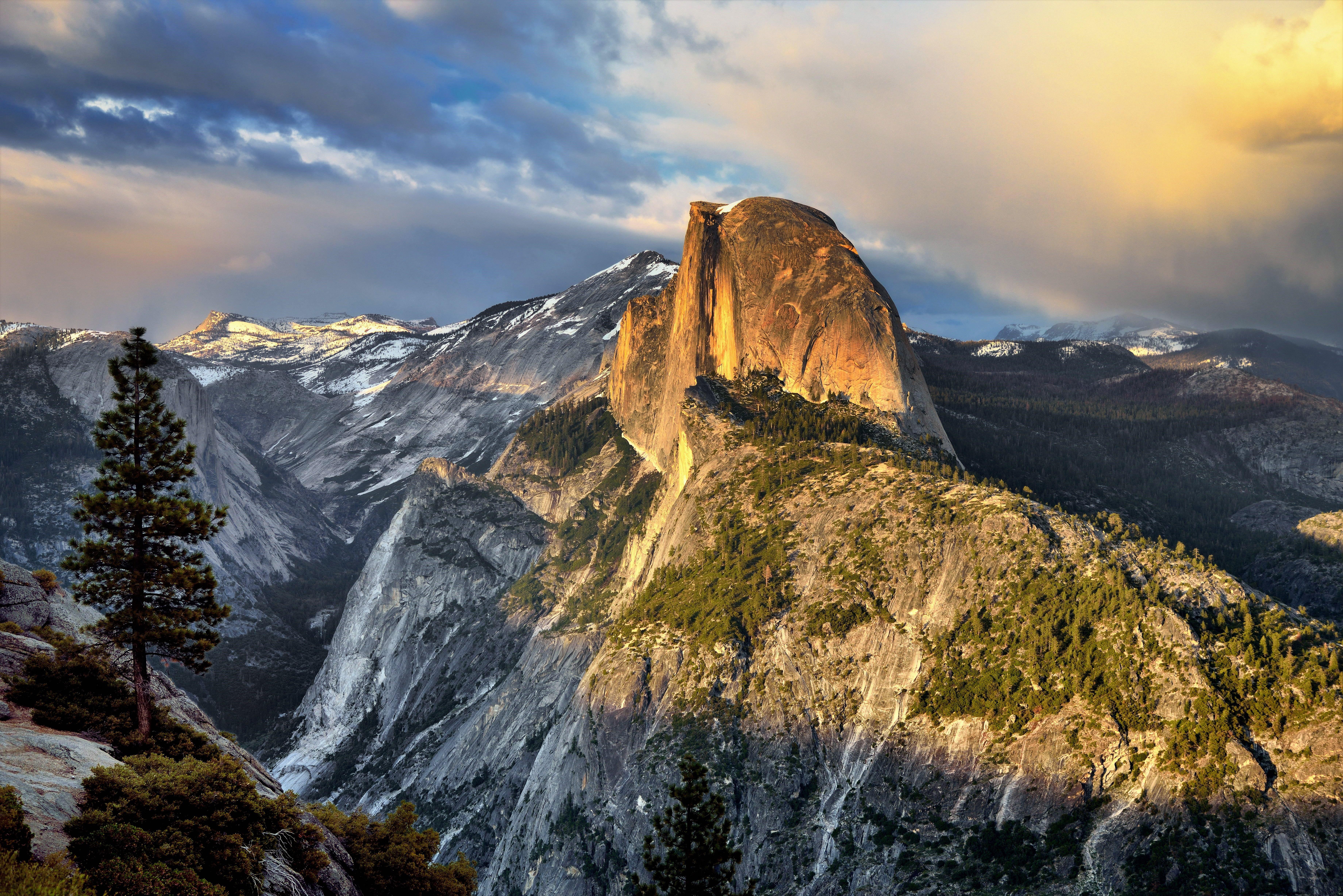 7360x4912 Download Wallpaper sunset forest clouds usa mountains california nature yosemite national park half dome, 7360x4912