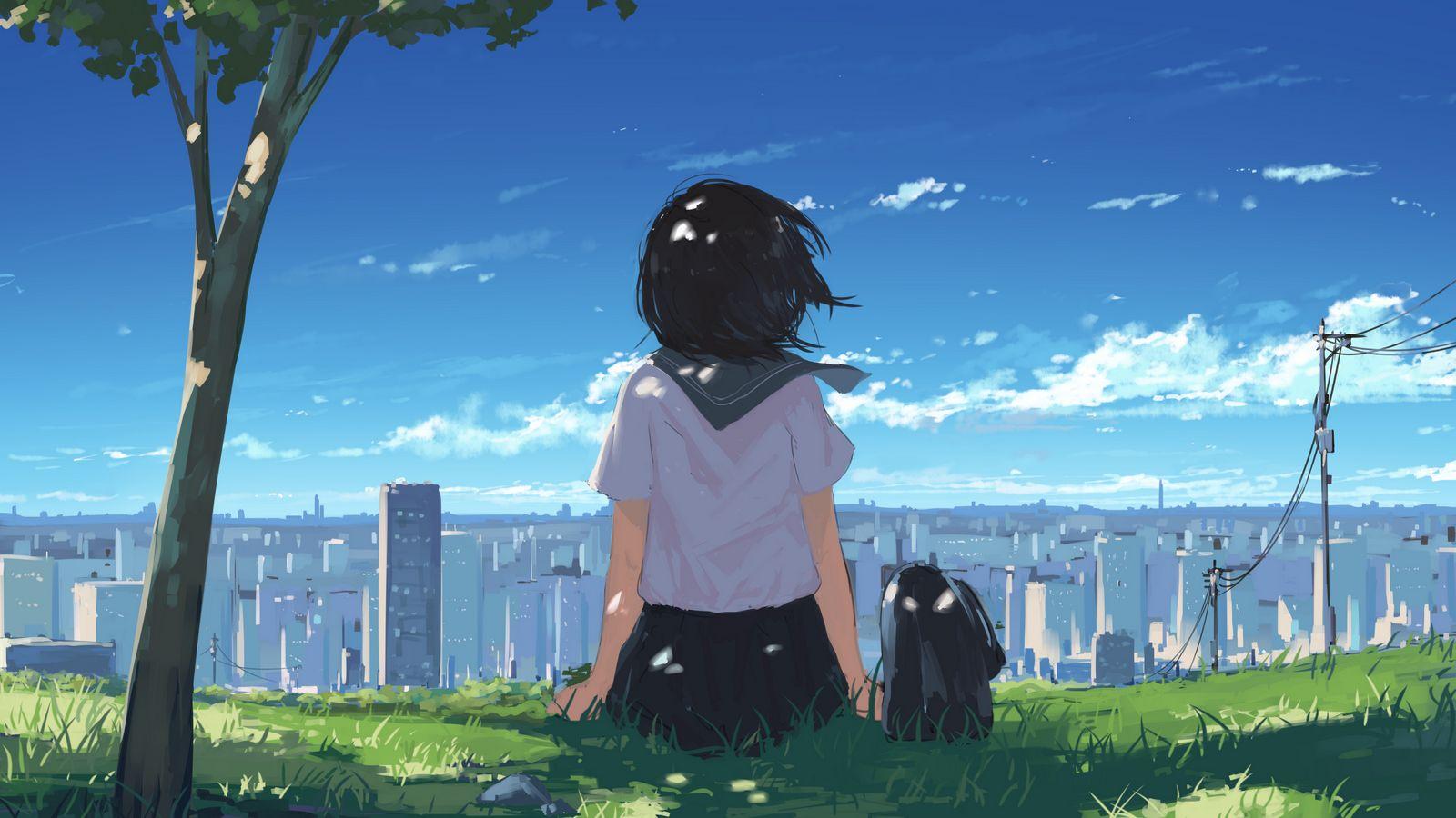 1600x900 Download wallpaper 1600x900 girl, grass, city, anime, art, cartoon widescreen 16:9 HD background
