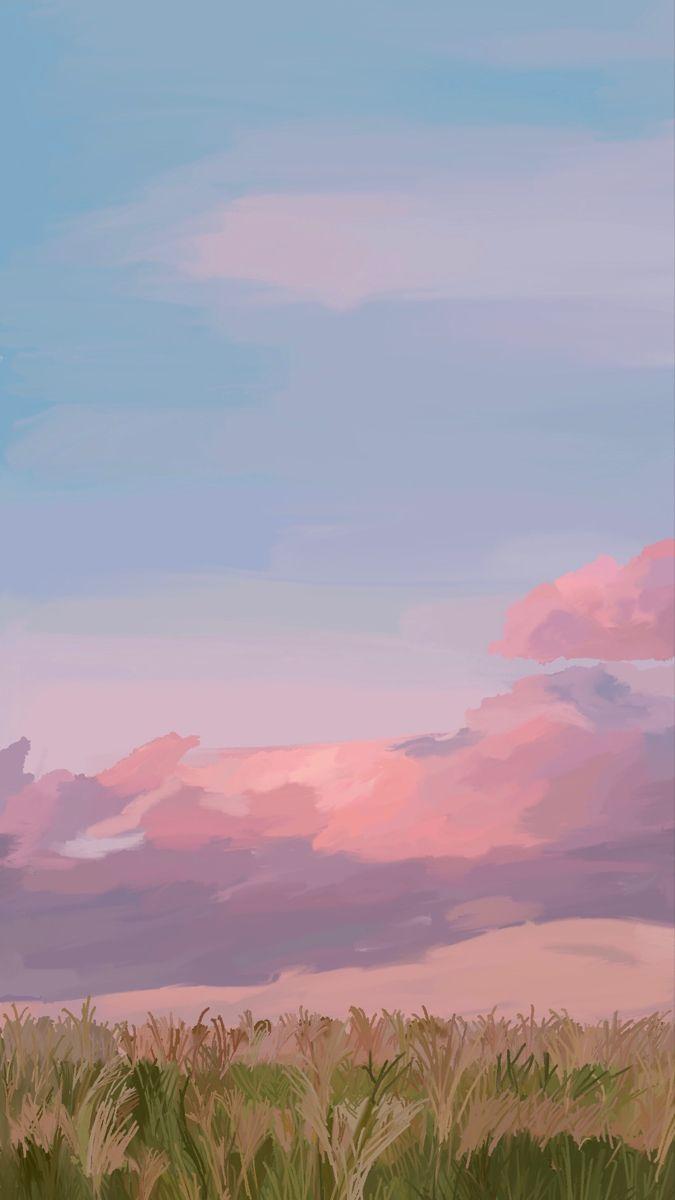 675x1200 Pink Cloud Green Grass. Anime scenery wallpaper, Scenery wallpaper, Painting wallpaper