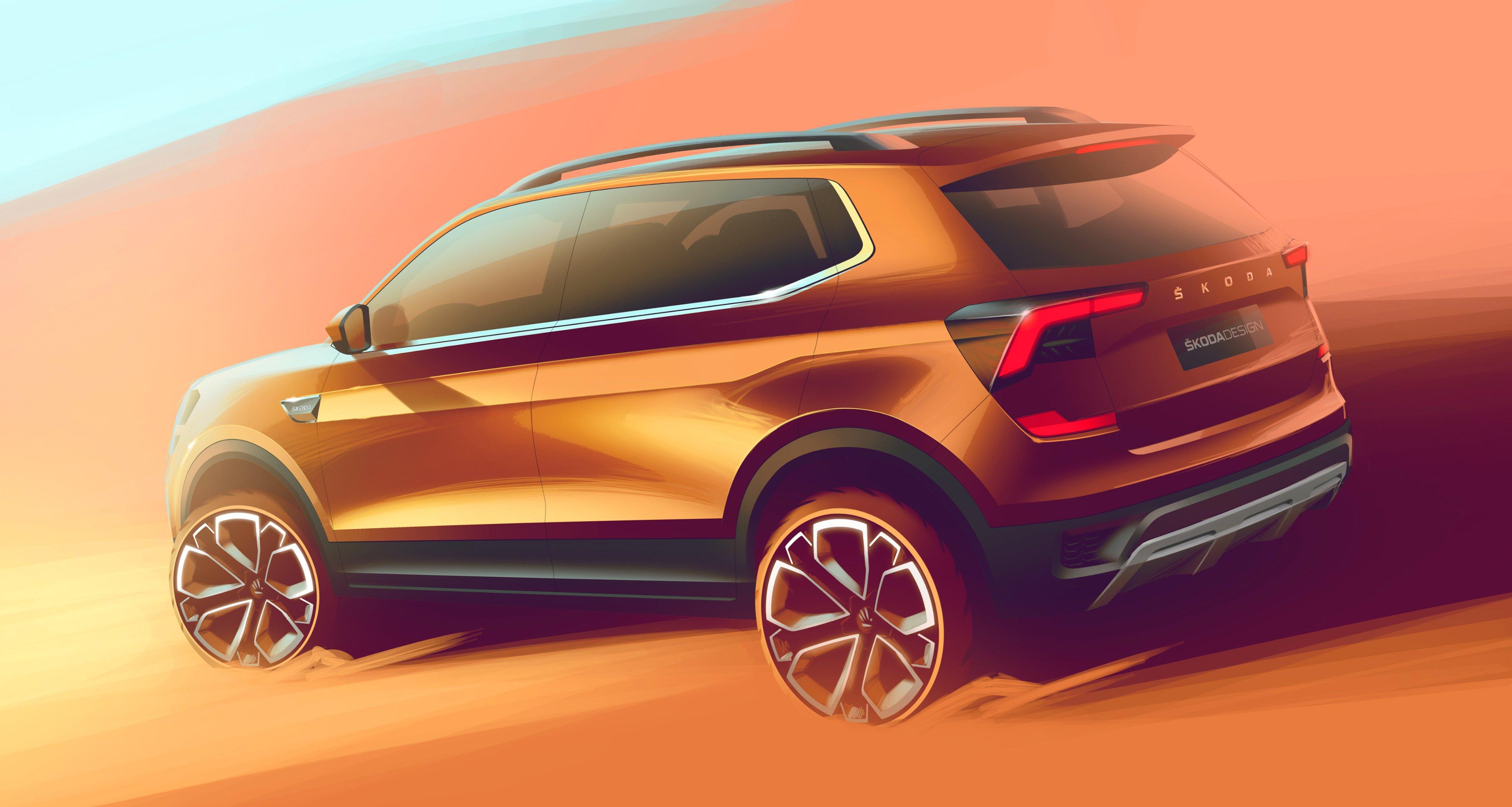 4096x2188 Stepan Rehak - #SKODA offers 2 sketches of the #SkodaKushaq: The 1st sketch shows the car's powerful front with a wide ŠKODA grille & an impressive front bumper, while