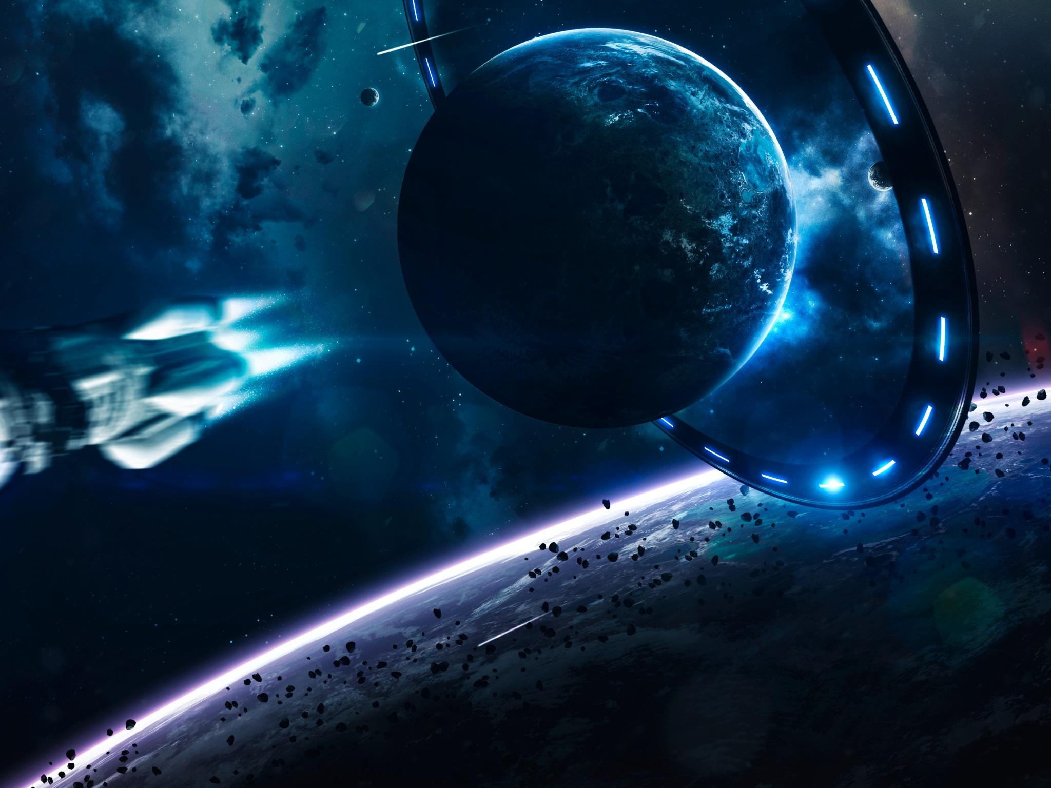 2048x1536 Earth Wallpaper 4K, Blue planet, Gateway, Rocket, Stars, Asteroids, Space