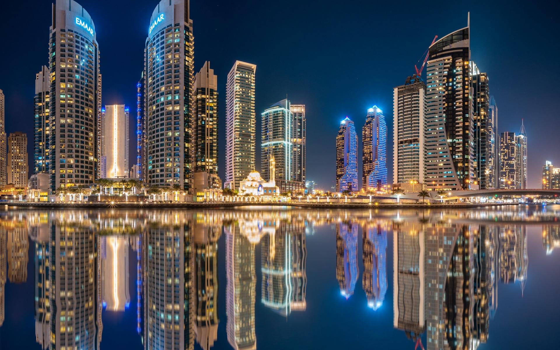 1920x1200 Download wallpaper Dubai, UAE, night, skyscrapers, modern buildings, bay, beautiful buildings, United Arab Emirates for desktop with resolution 1920x1200. High Quality HD picture wallpaper