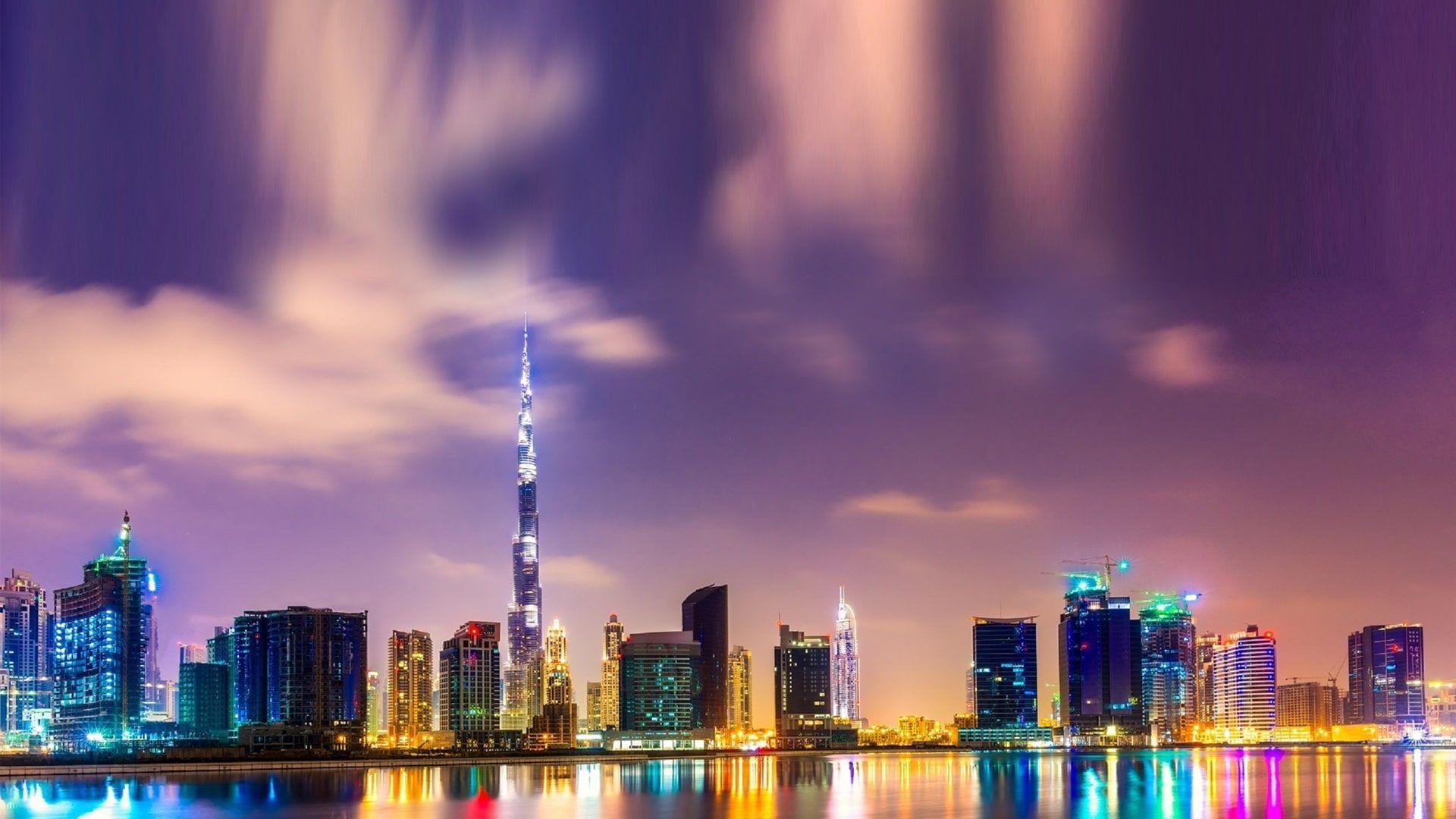 1920x1080 HD Wallpaper: Beautiful Night In Dubai, Burj Khalifa, High Rise Buildings, Lights, Water
