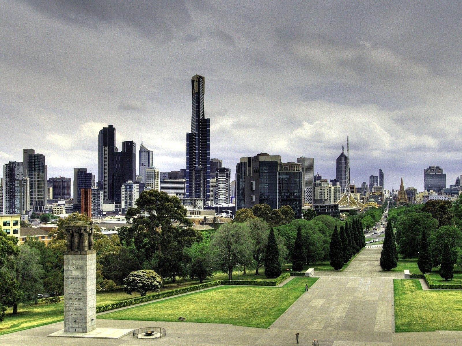 1600x1200 Download wallpaper 1600x1200 australia, melbourne, skyscrapers, nature, park, beautiful walk, buildings standard 4:3 HD background