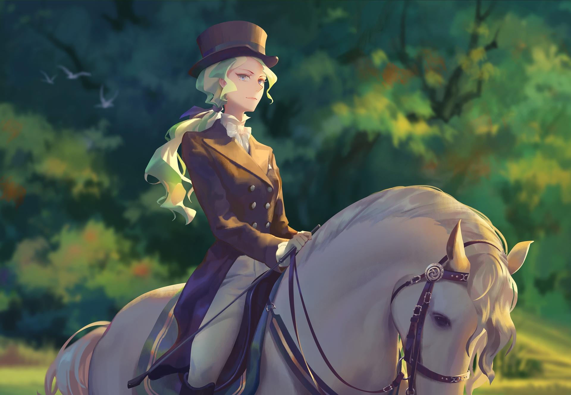 1920x1329 animal aqua eyes bird bow diana cavendish edakai gloves green hair hat horse little witch academia long hair ponytail tree uniform weapon wallpaperx1329