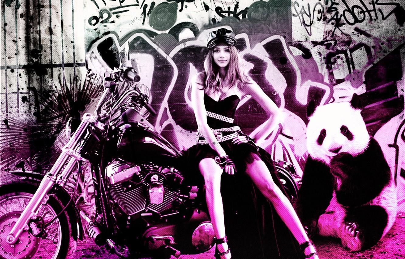 1332x850 Wallpaper look, girl, smile, sweetheart, graffiti, Panda, motorcycle, legs, beautiful, Rendering, Karina Kozyreva image for desktop, section стиль
