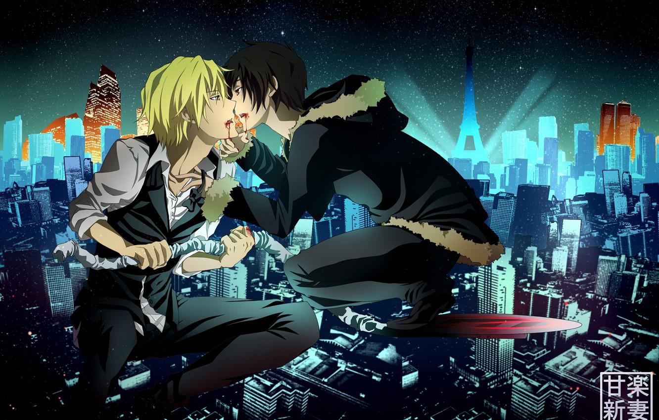 1332x850 Wallpaper night, the city, blood, guys, Durarara, Durarara, Shizuo Heiwajima, Of Izaya Orihara image for desktop, section сёнэн
