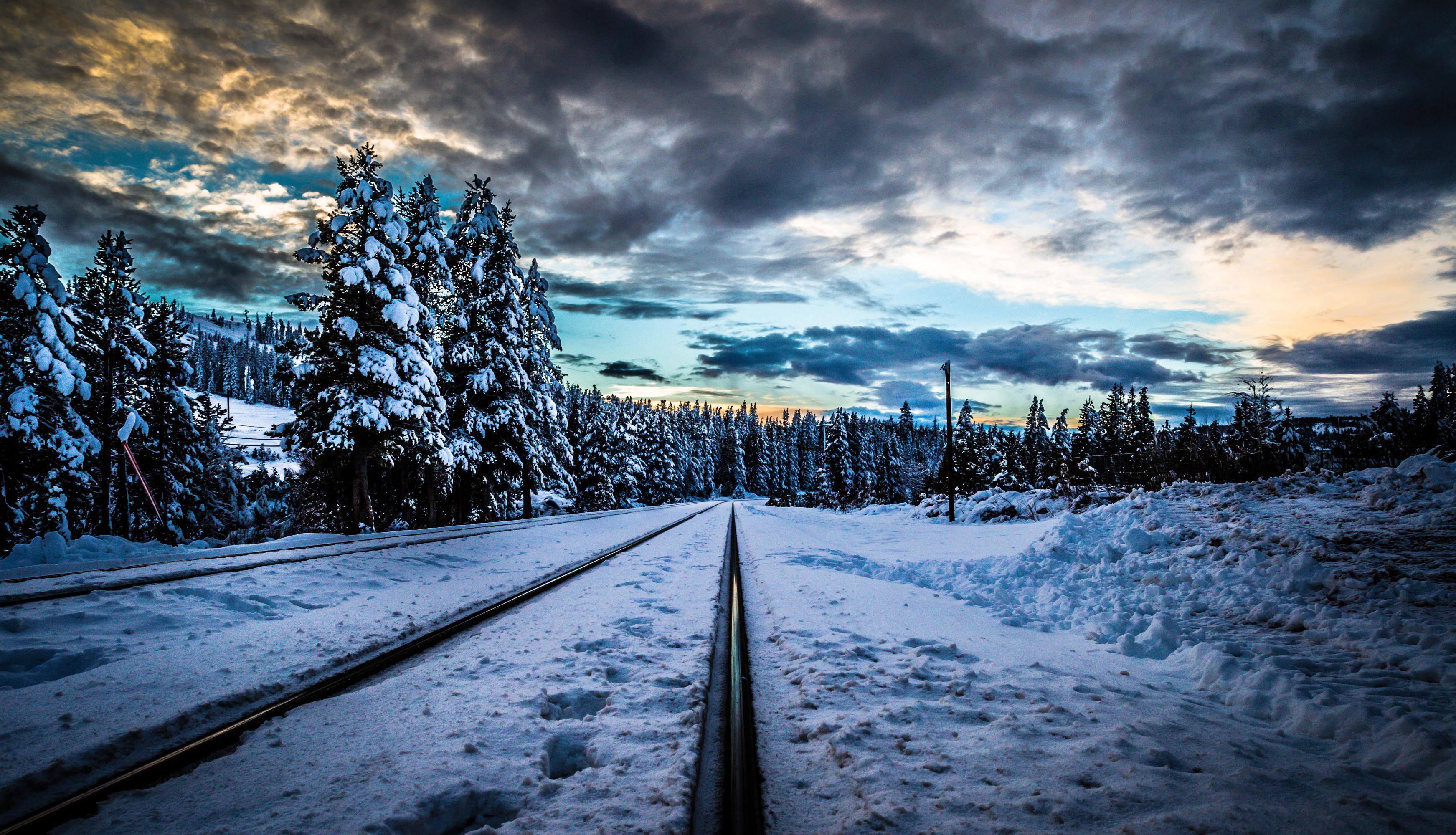 3486x2000 Wallpaper. Railway. photo. picture. winter, landscape, railway, snow, spruce