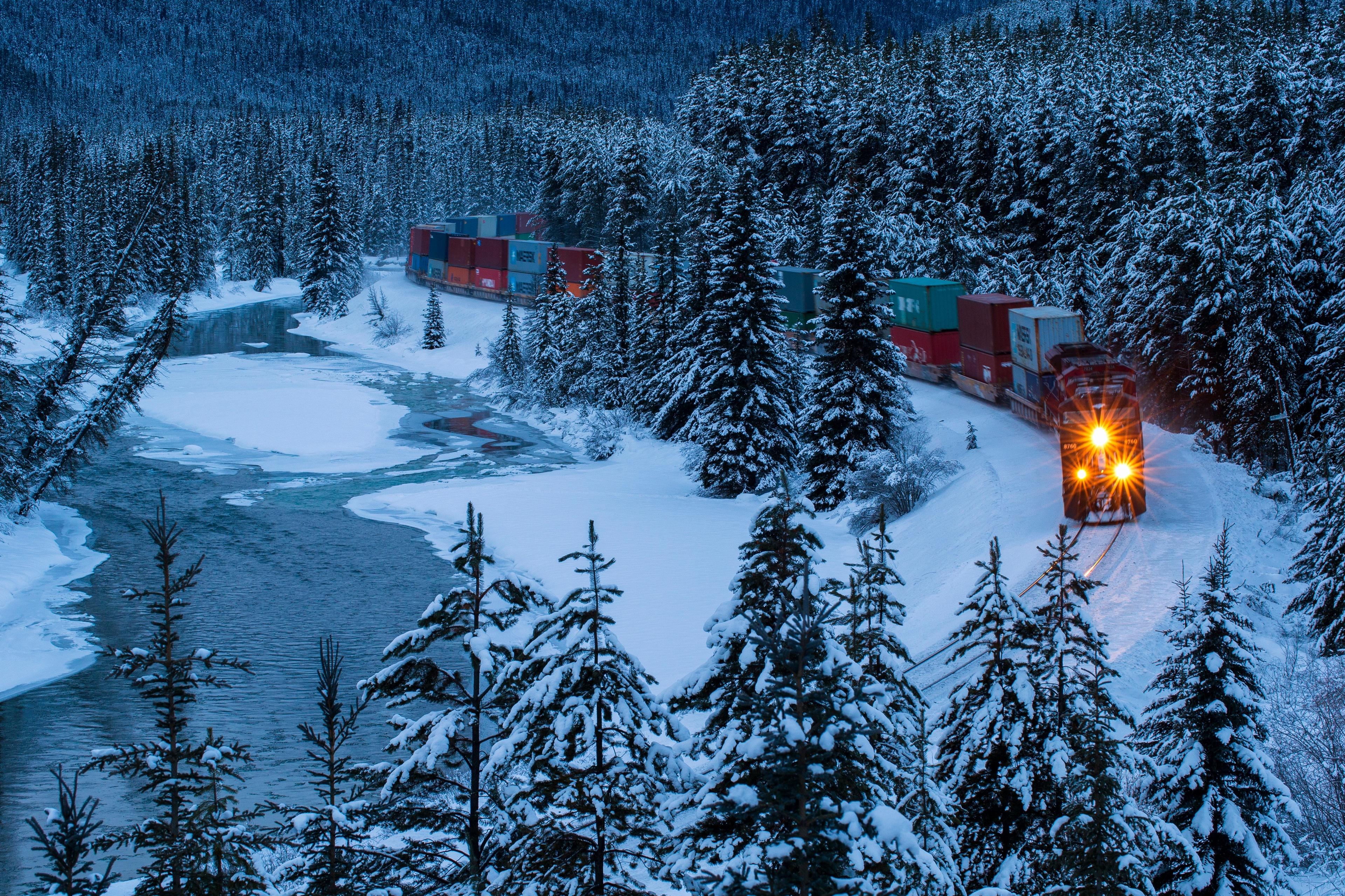 3840x2560 Download Wallpaper forest snow winter river lake train nature railroad pinewood, 3840x2560