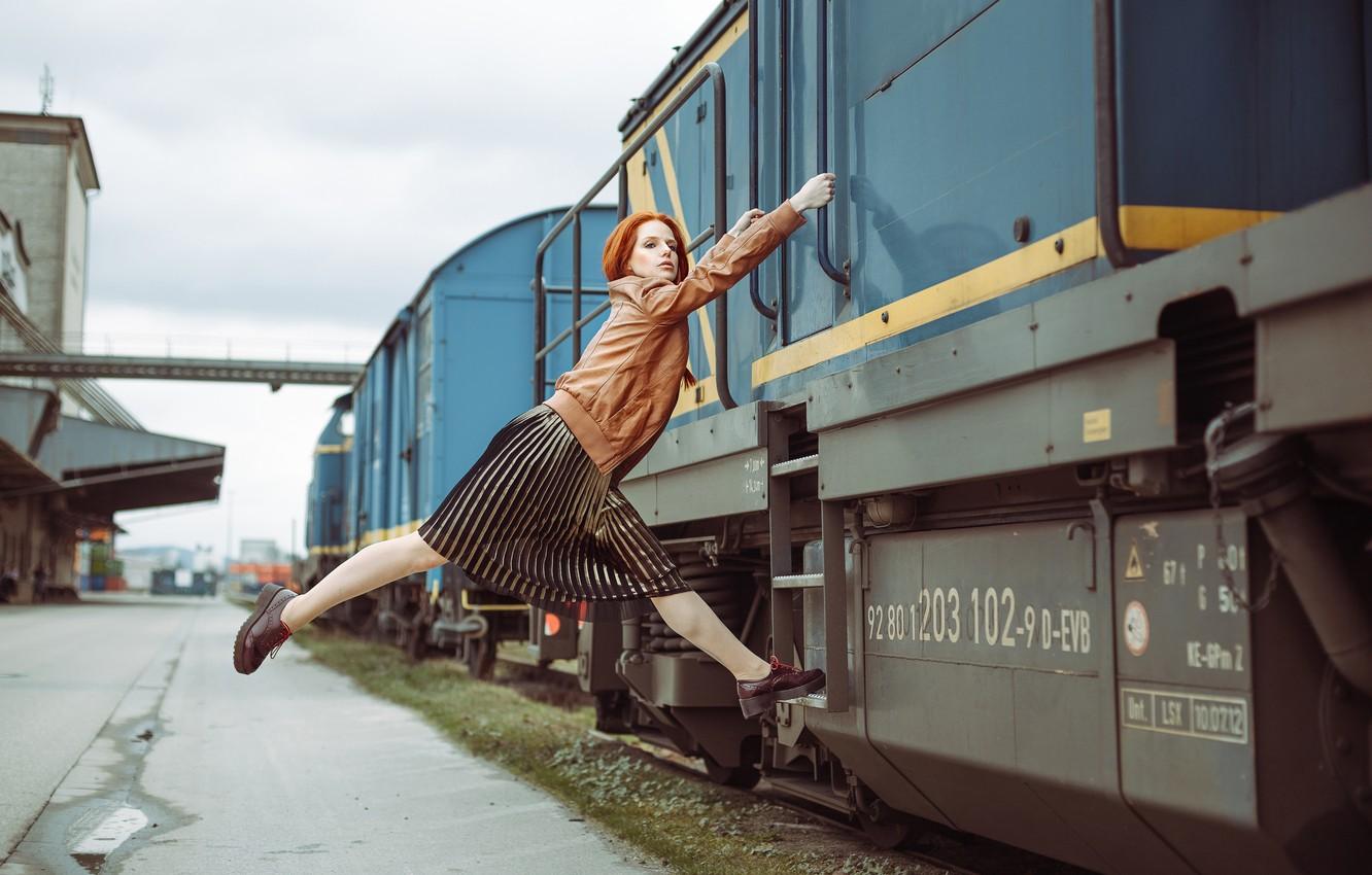 1332x850 Wallpaper look, girl, model, train, skirt, the situation, jacket, red, redhead, kassio. epia, shaper image for desktop, section ситуации