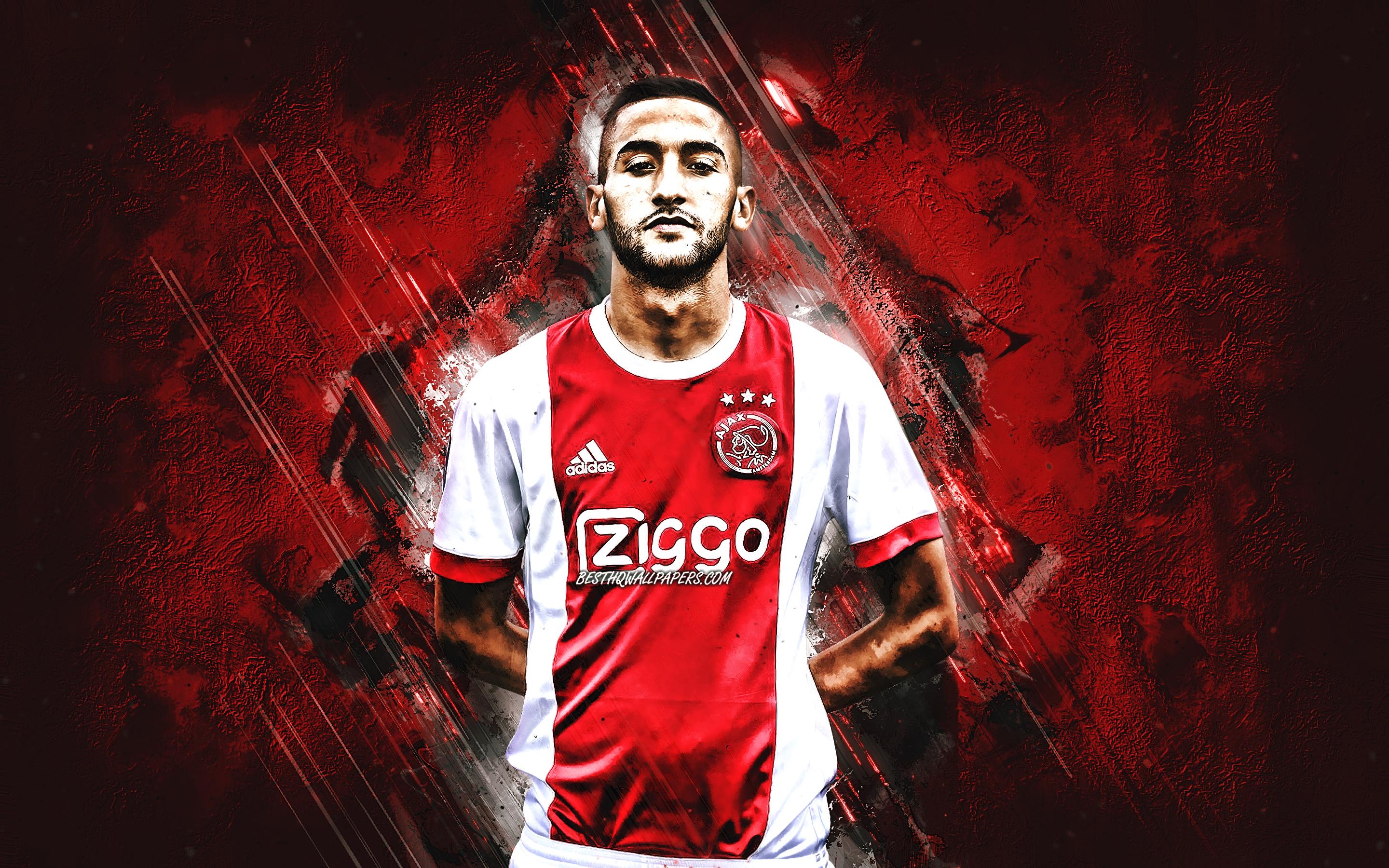 2880x1800 Download wallpaper Hakim Ziyech, Ajax Amsterdam, Dutch soccer player, midfielder, AFC Ajax, red stone background, football, creative art for desktop with resolution 2880x1800. High Quality HD picture wallpaper