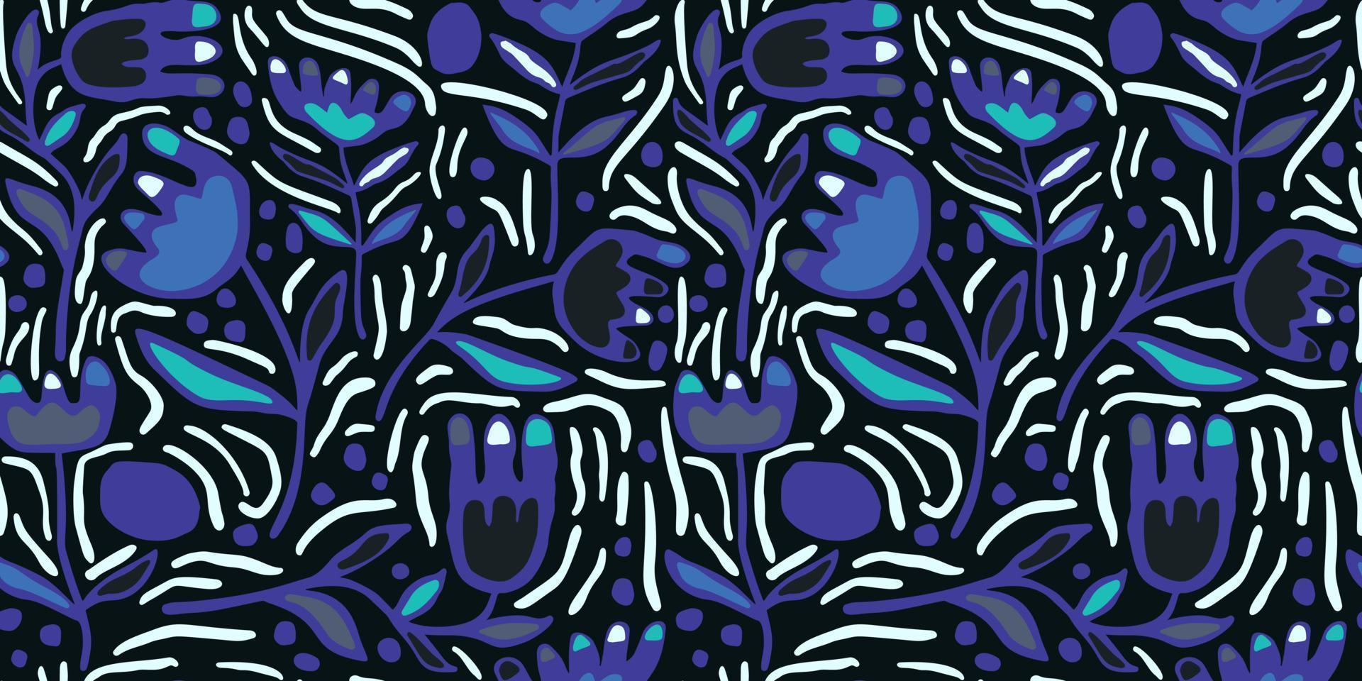 1920x960 Contemporary Flowers Fingers Seamless Pattern. Abstract Folk Floral Wallpaper. Creative Blue Flower Plants Endless Wallpaper. Modern Botanical Print