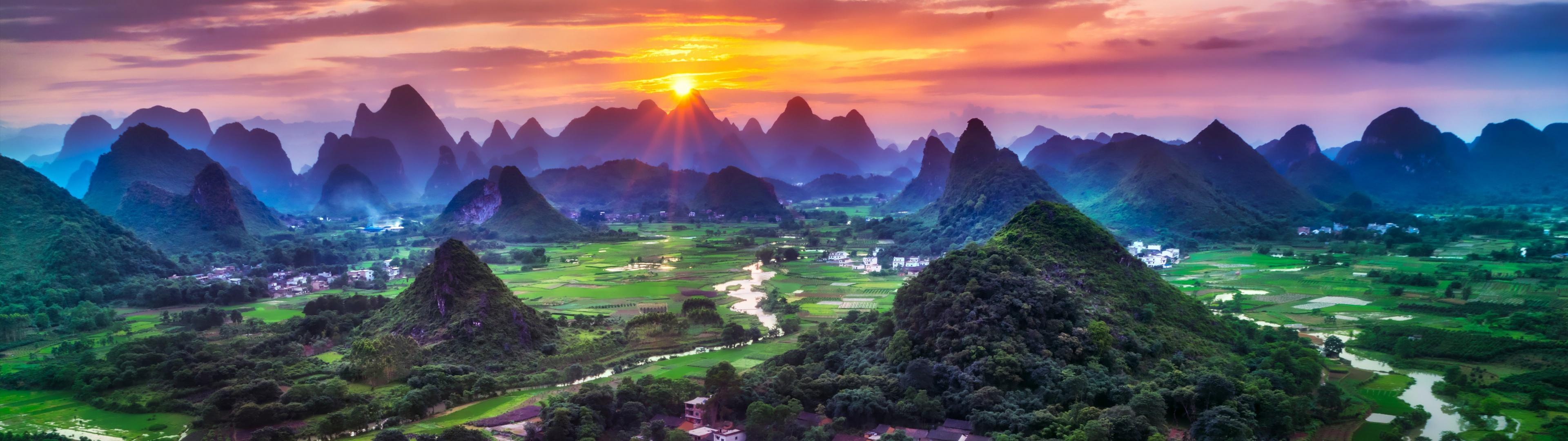 3840x1080 Guilin City Wallpaper 4K, China, Sunset, Beautiful
