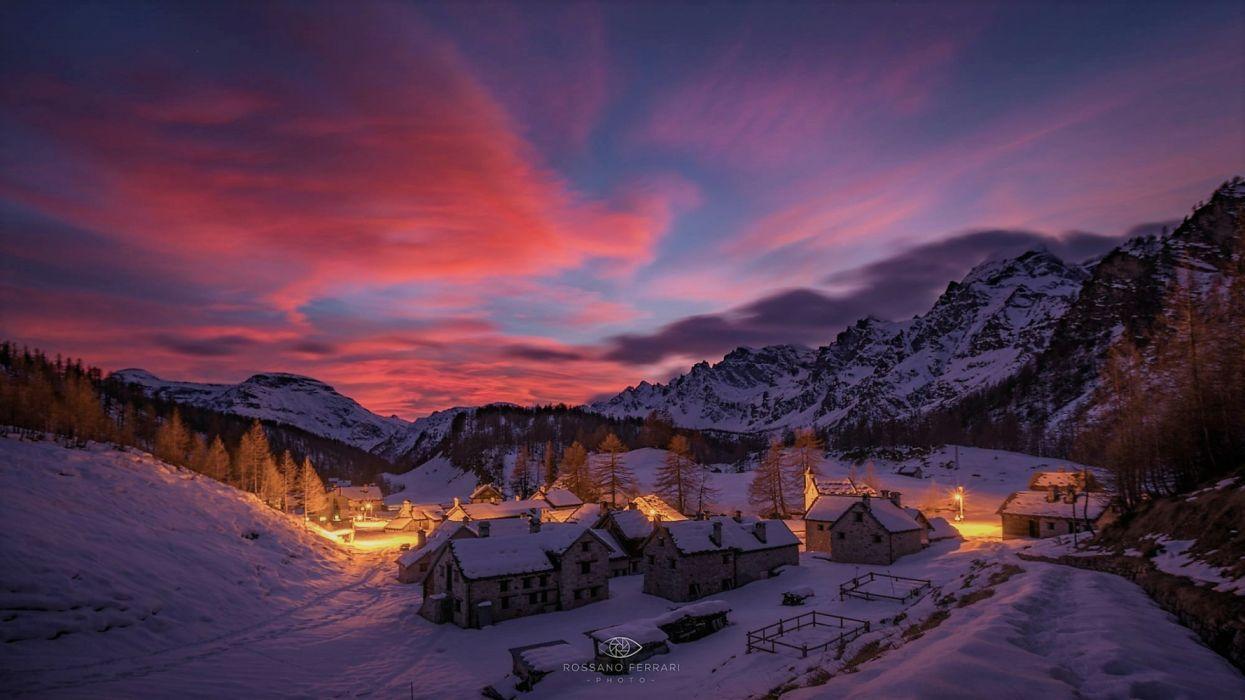 1245x700 Winter Village Mountains Wallpaper