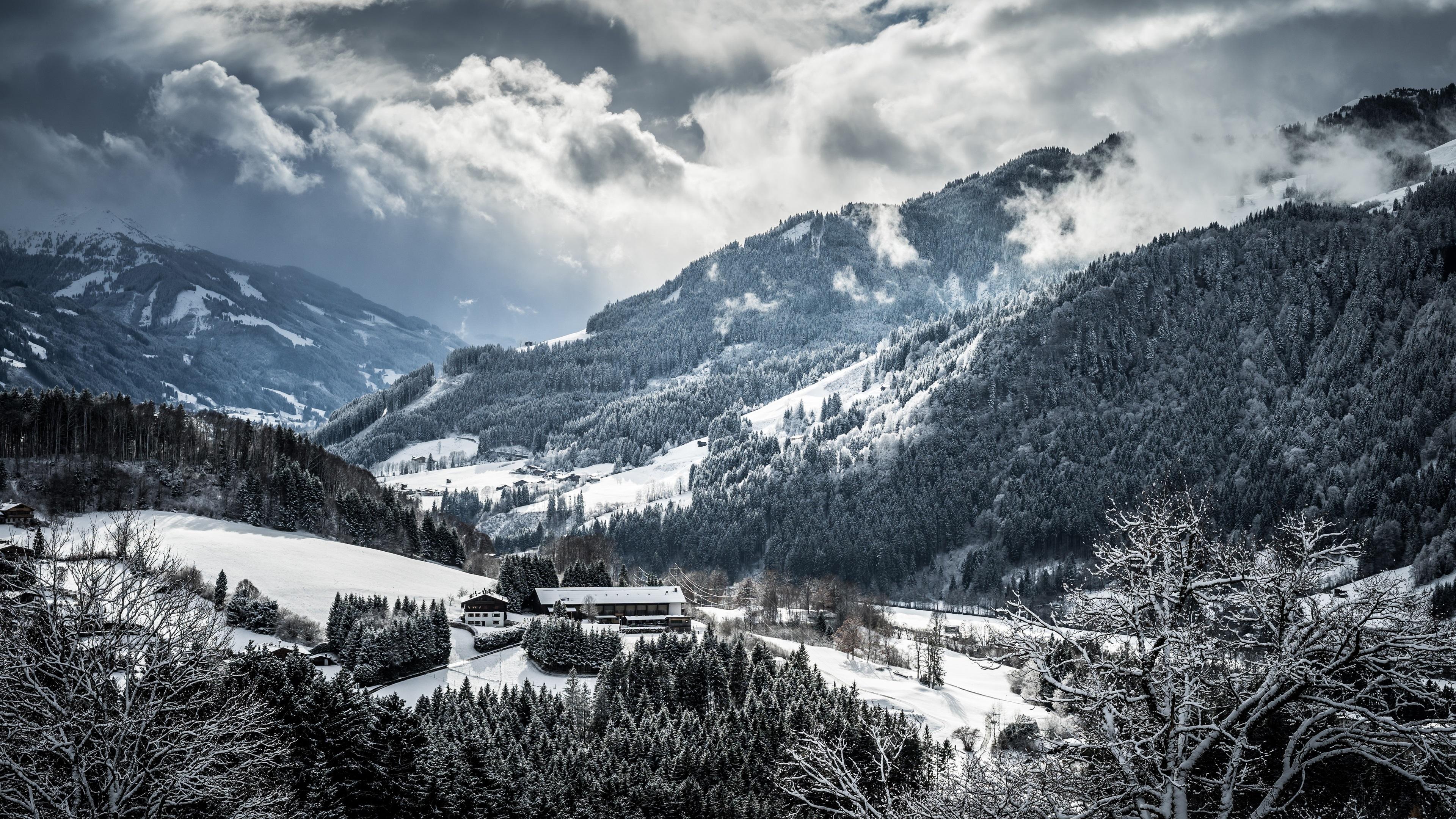3840x2160 Wallpaper Winter, mountains, trees, snow, clouds, village 3840x2160 UHD 4K Picture, Image