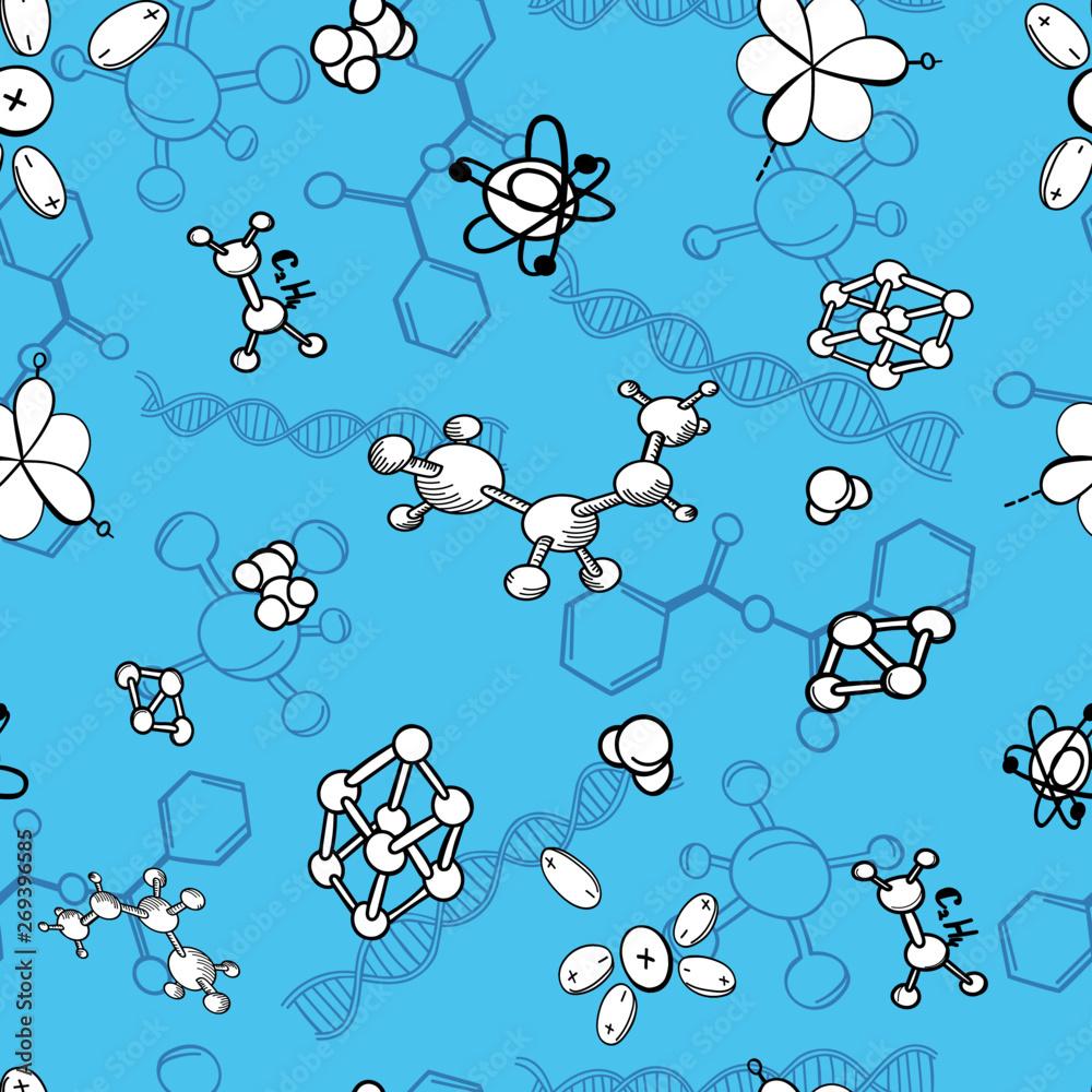 1000x1000 seamless pattern chemistry formula molecule atoms laboratory background wallpaper black and white Stock Vector