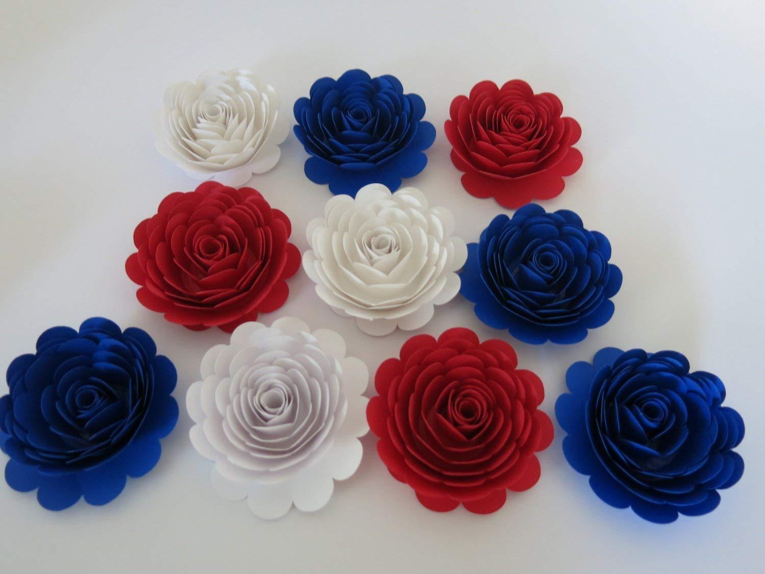 1500x1125 American Theme Party Decorations 10 Red White and Royal Blue Paper Flowers 3 Inch Roses Patriotic Wall Decor Military Wedding Veteran Dinner : Handmade Products