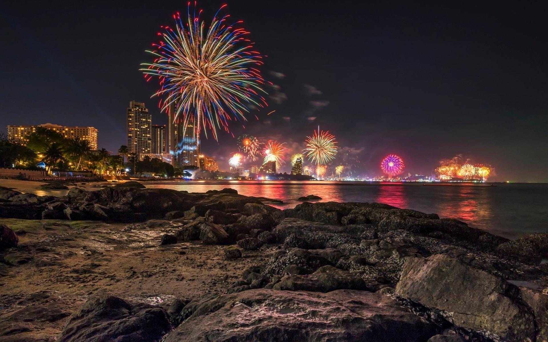 1920x1200 Download wallpaper Pattaya, Thailand, fireworks, holiday, bay, coast, beach, night for desktop with resolution 1920x1200. High Quality HD picture wallpaper