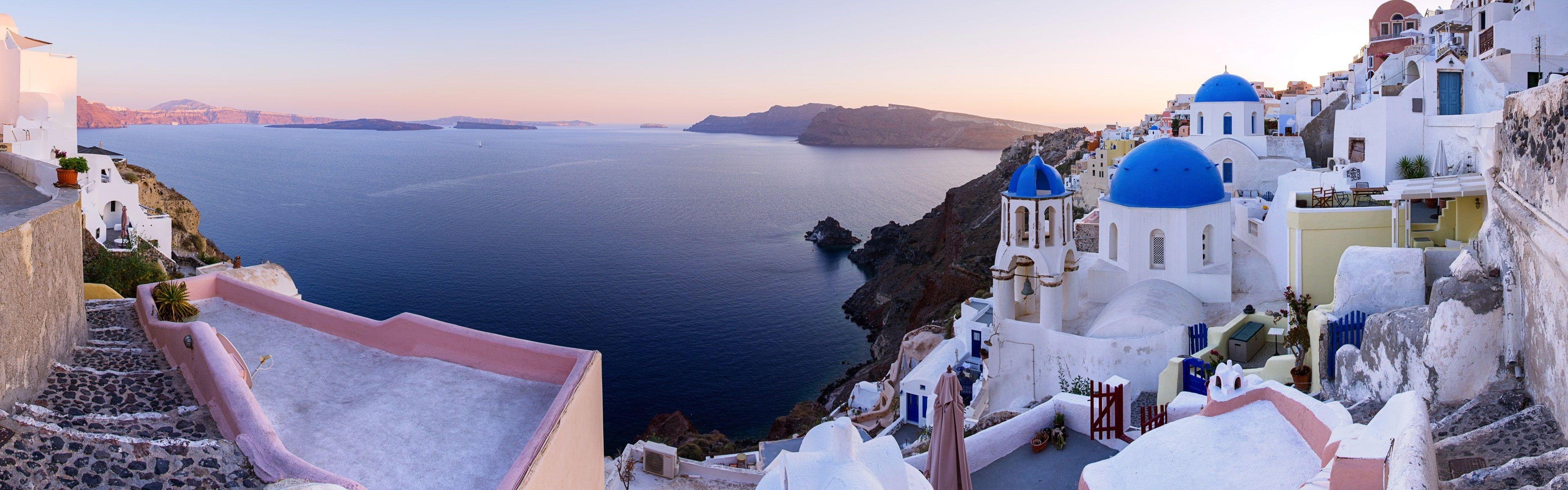 3840x1200 HD wallpaper: Oia, Santorini, Greece, sea, houses