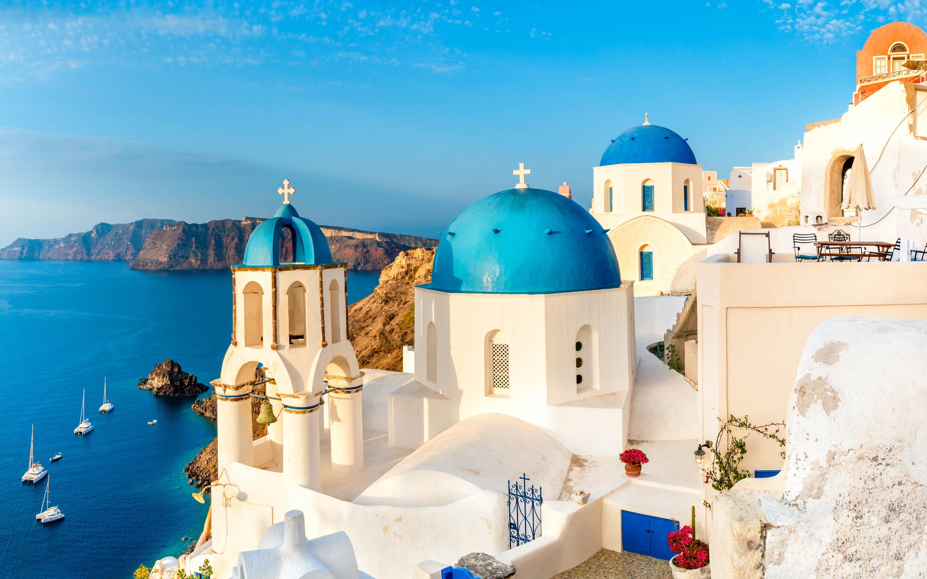3840x2400 Download wallpaper Oia, Santorini, Greece, church, blue domes, romantic places, island, Aegean Sea for desktop with resolution 3840x2400. High Quality HD picture wallpaper