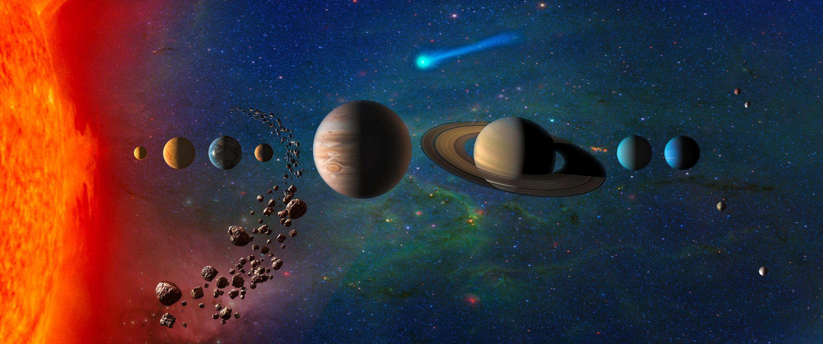 3440x1440 Download Planets, Uranus, Venus, Mercury, Neptune, Jupiter, Solar system, Earth, Comet, Stars, Mars, Saturn, Asteroids, Space Wallpaper in 3440x1440 Resolution