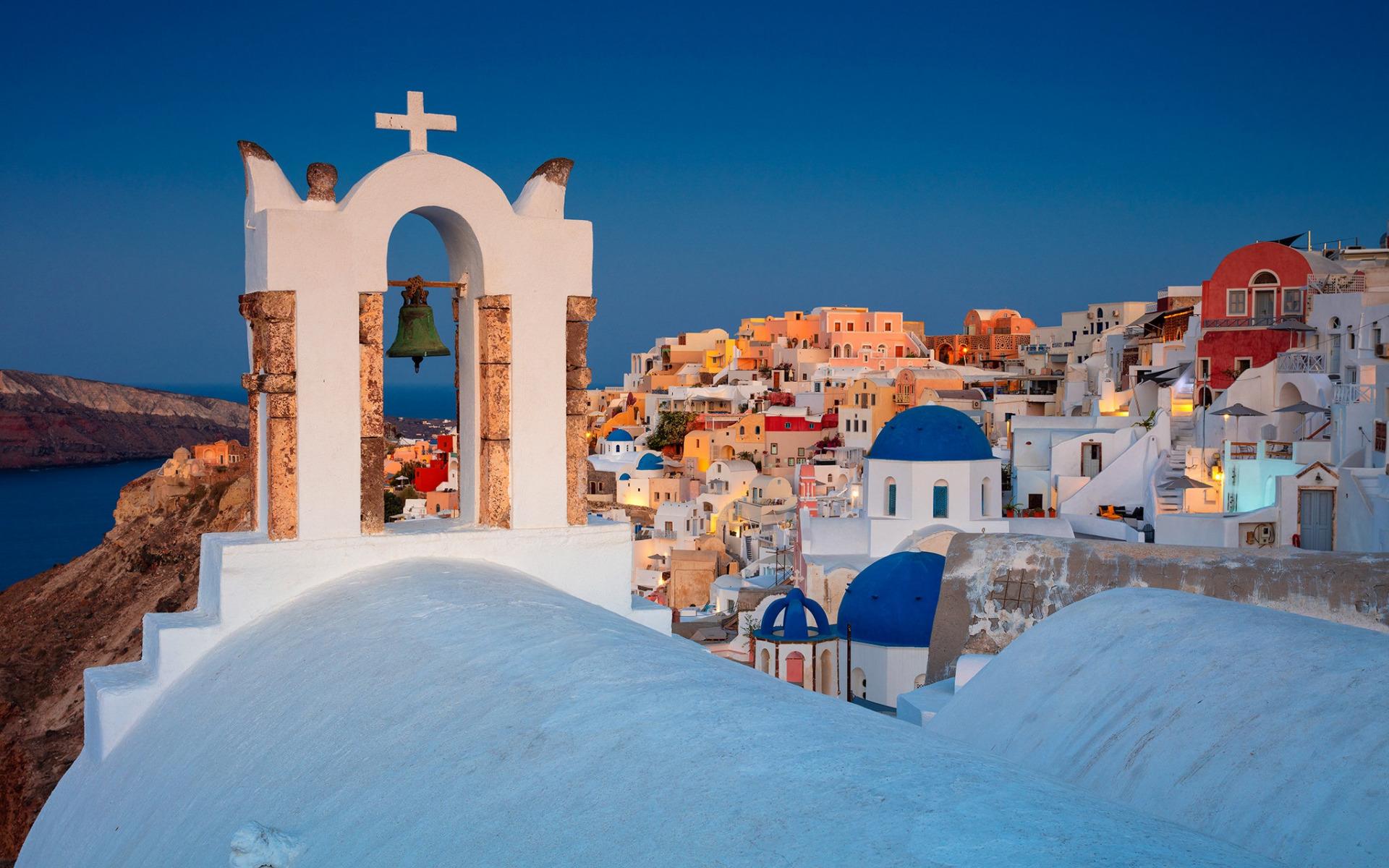 1920x1200 Download wallpaper Santorini, Oia, evening, sunset, Greek church, big bell, Aegean Sea, islands, Greece for desktop with resolution 1920x1200. High Quality HD picture wallpaper