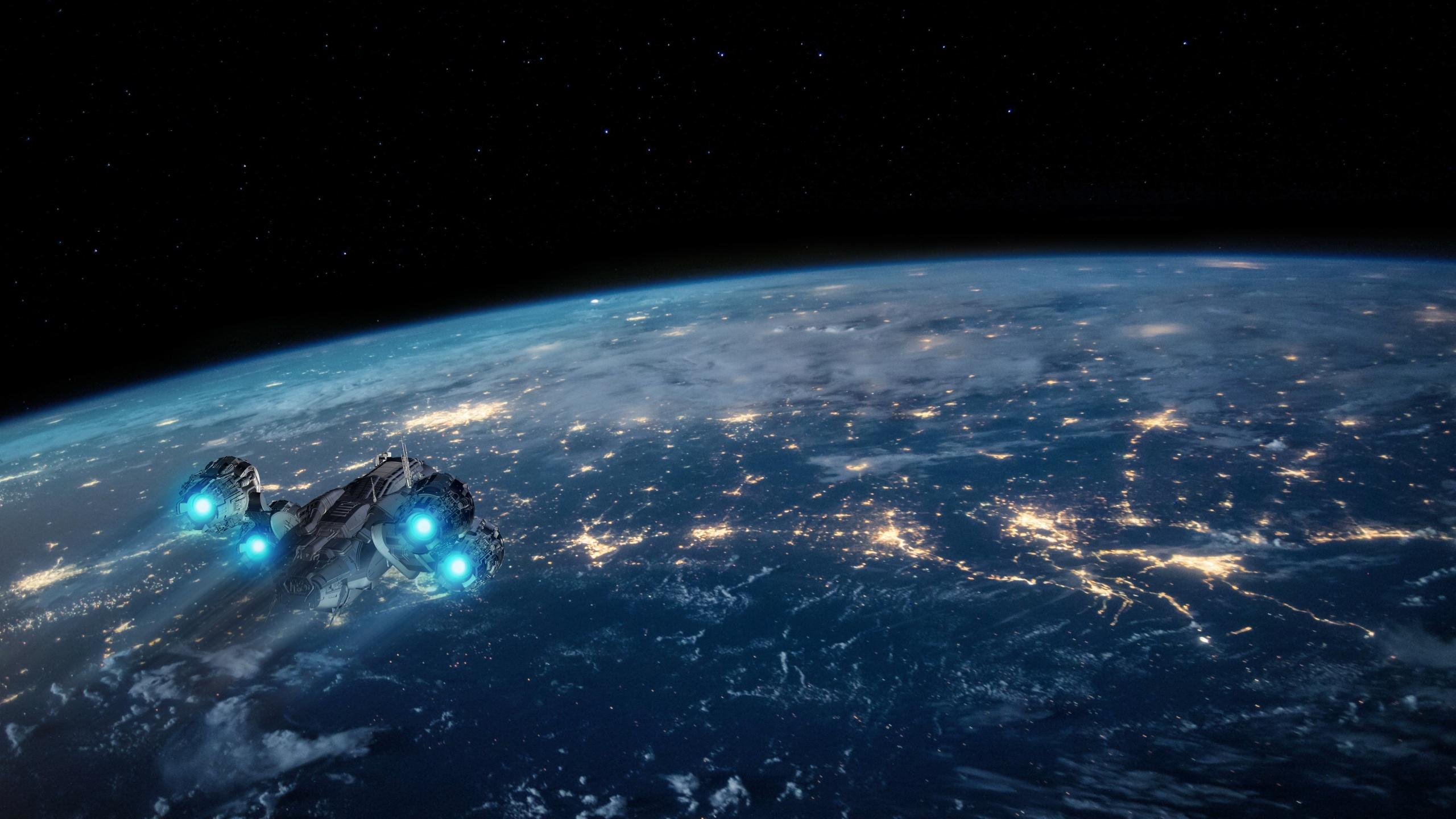 2560x1440 Earth Wallpaper 4K, Spaceship, Night, Stars, Night