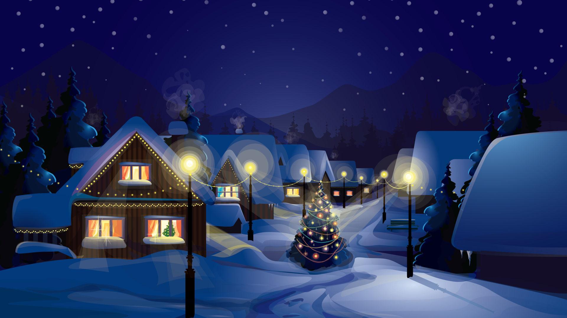 1920x1080 Christmas Night Village In Snowy Christmas Wallpaper HD