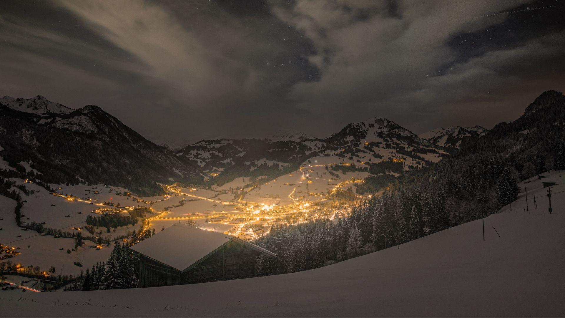1920x1080 Download wallpaper 1920x1080 mountains, valley, village, snow, night, lights full hd, hdtv, fhd, 1080p HD background