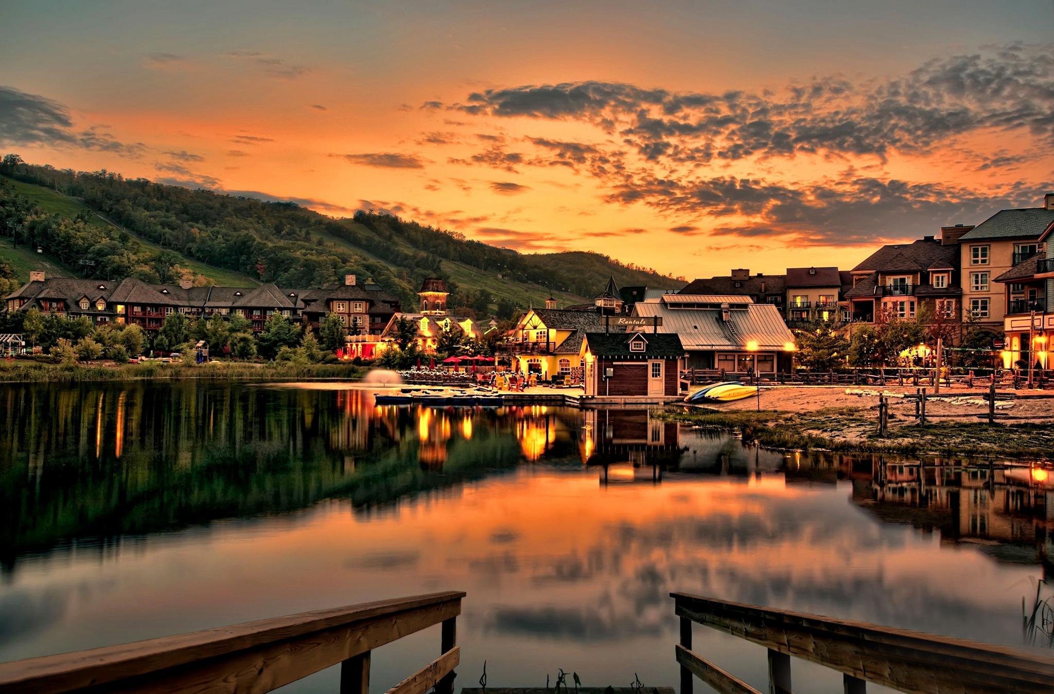 2048x1350 Mountain slope village lake sunset night lights reflection h wallpaperx1350