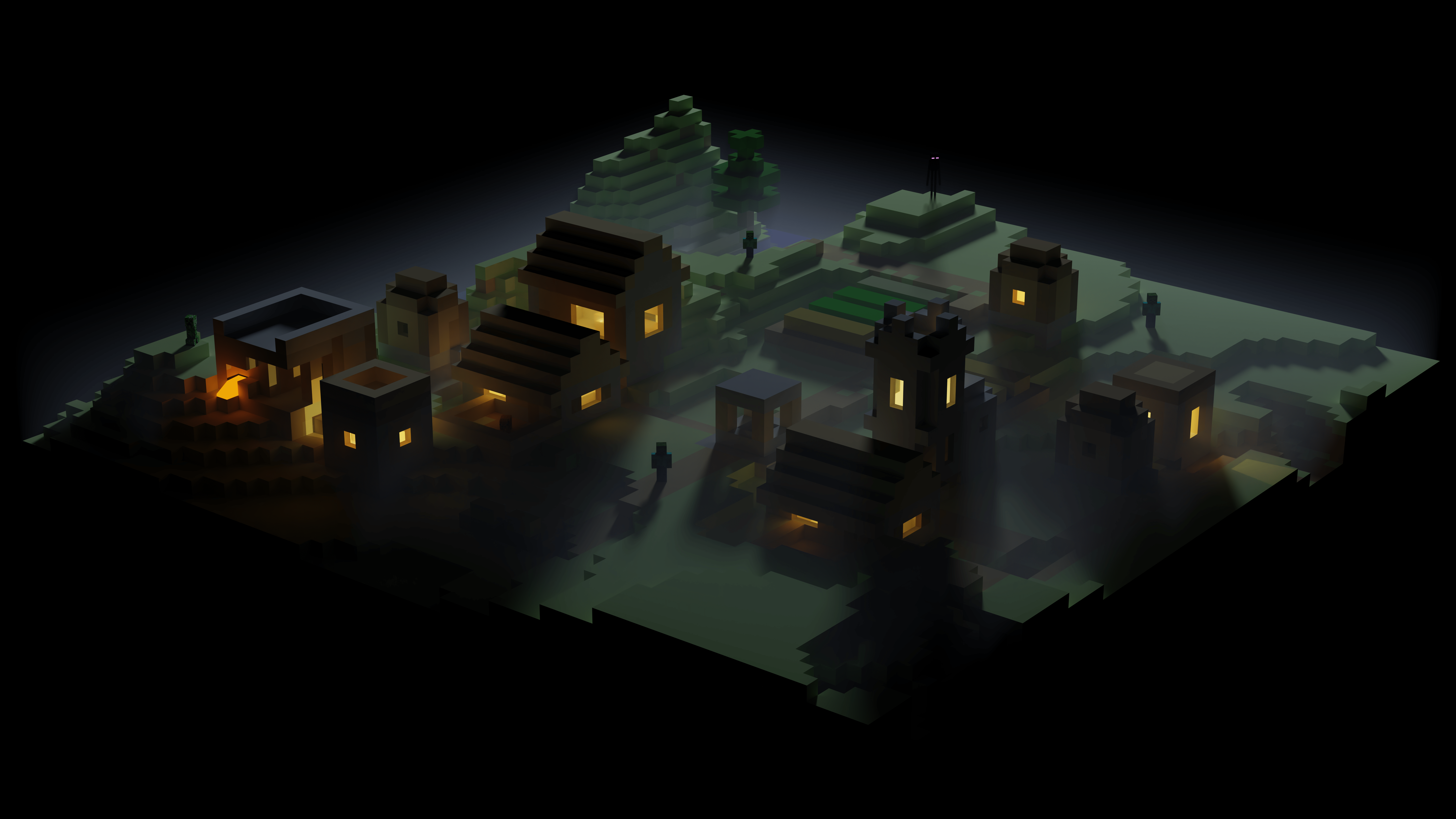 7680x4320 8K wallpaper of a minecraft village at night