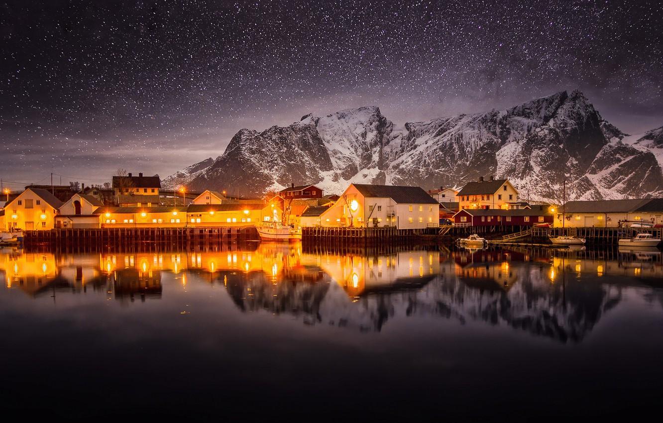 1332x850 Wallpaper the sky, stars, mountains, night, lights, Norway, North, the village image for desktop, section город