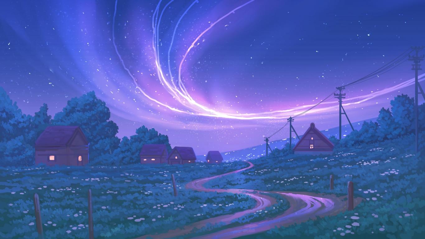 1366x768 Night at village art curvy road wallpaper background