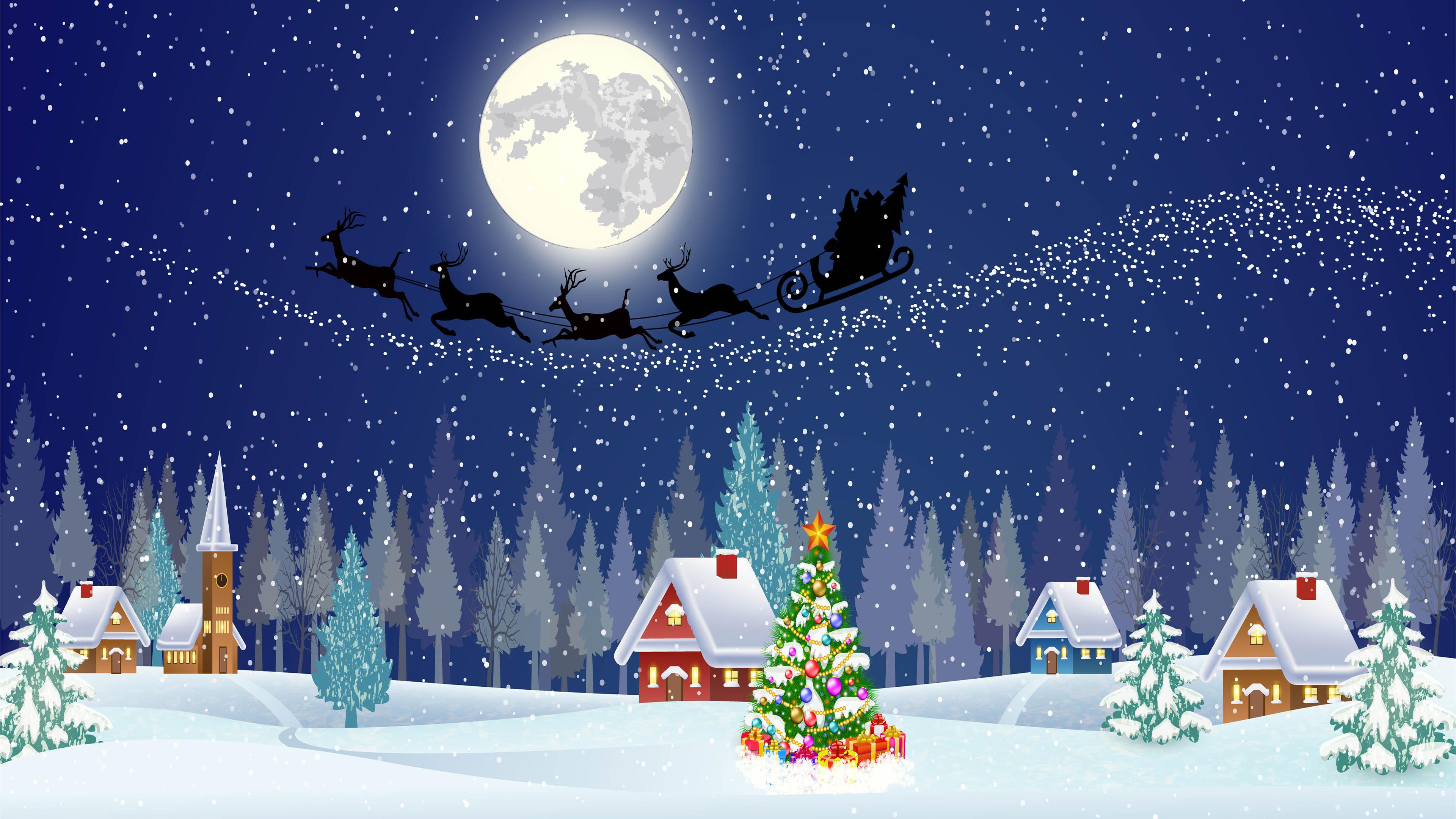 3840x2160 Merry Christmas And Happy New Year New Year Christmas Tree And Night Village Wallpaper HD :