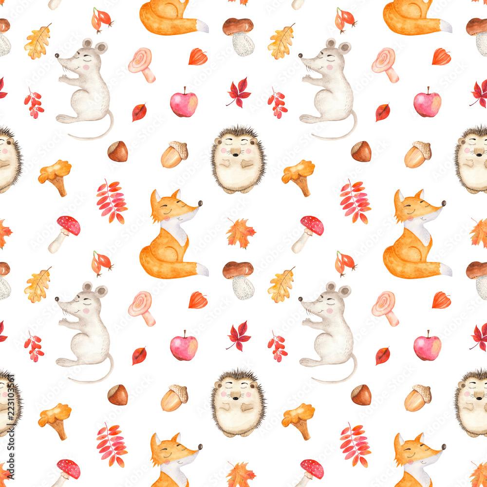 1000x1000 Watercolor seamless pattern with a cute cartoon mouse, fox, hedgehog and leaves. Children's autumn texture for invitations, wallpaper, packaging, scrap paper, children's shower, children's room. Stock Illustration