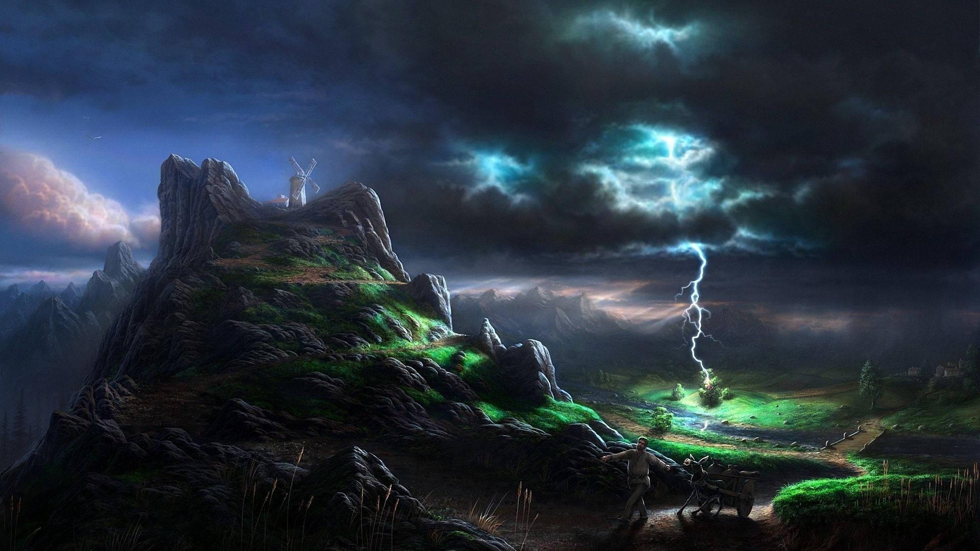 1920x1080 Download Art Lightning Strike Mountain Wallpaper