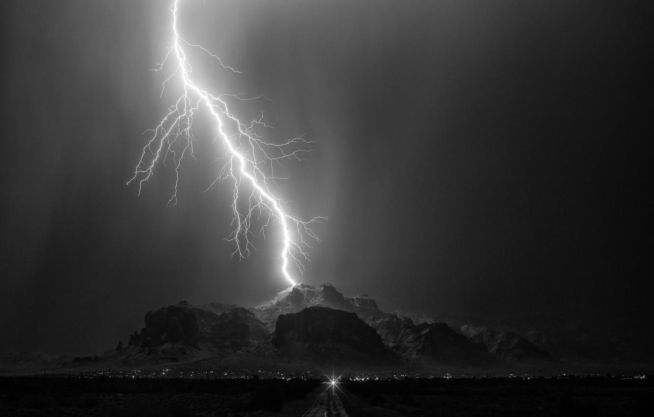 1332x850 Wallpaper road, the sky, the city, lightning, mountain, panorama image for desktop, section природа