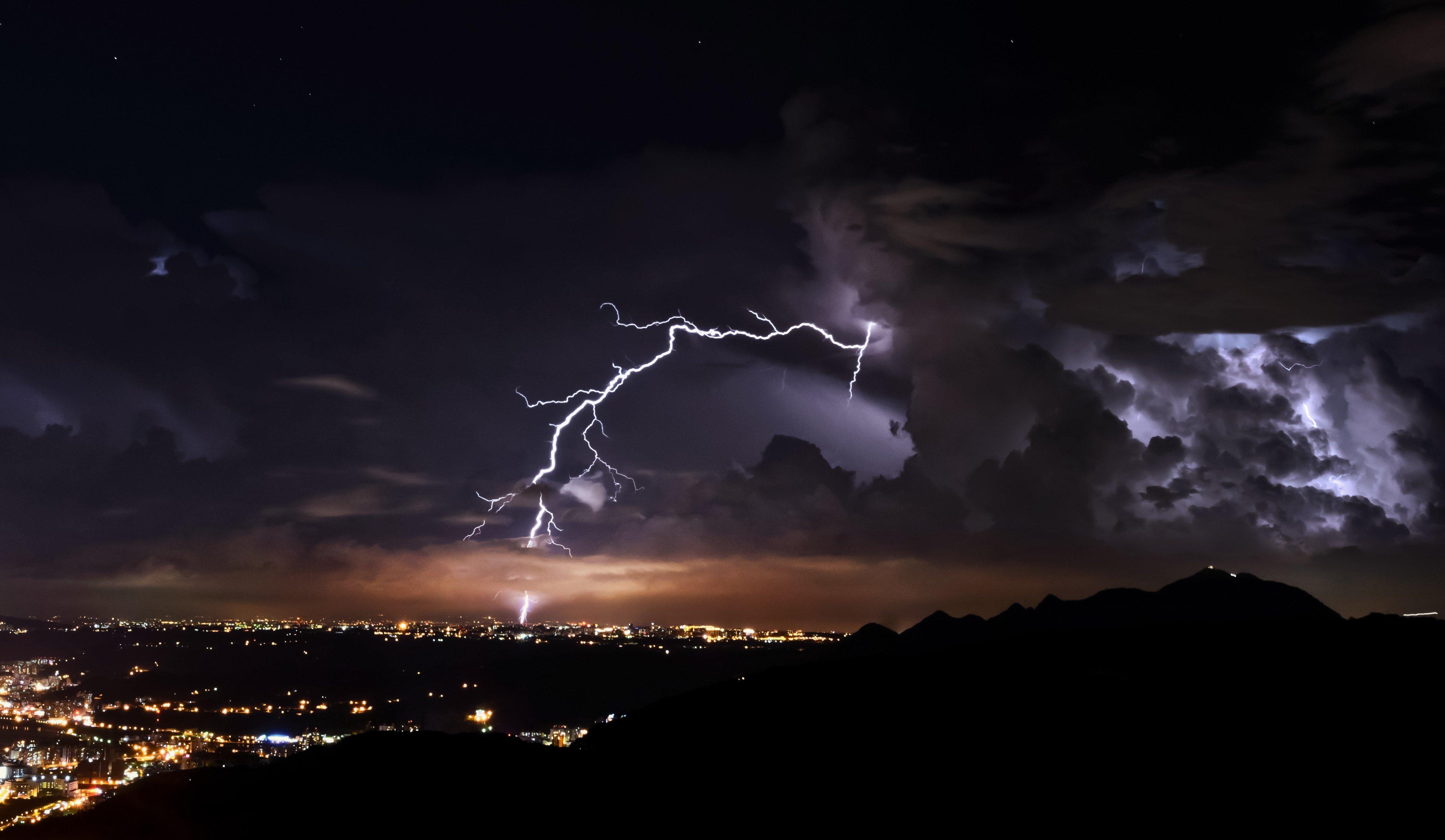 4300x2500 nature, Landscape, Clouds, Lightning, Night, Storm, Cityscape, City lights, Mountains, Silhouette HD Wallpaper / Desktop and Mobile Image & Photo