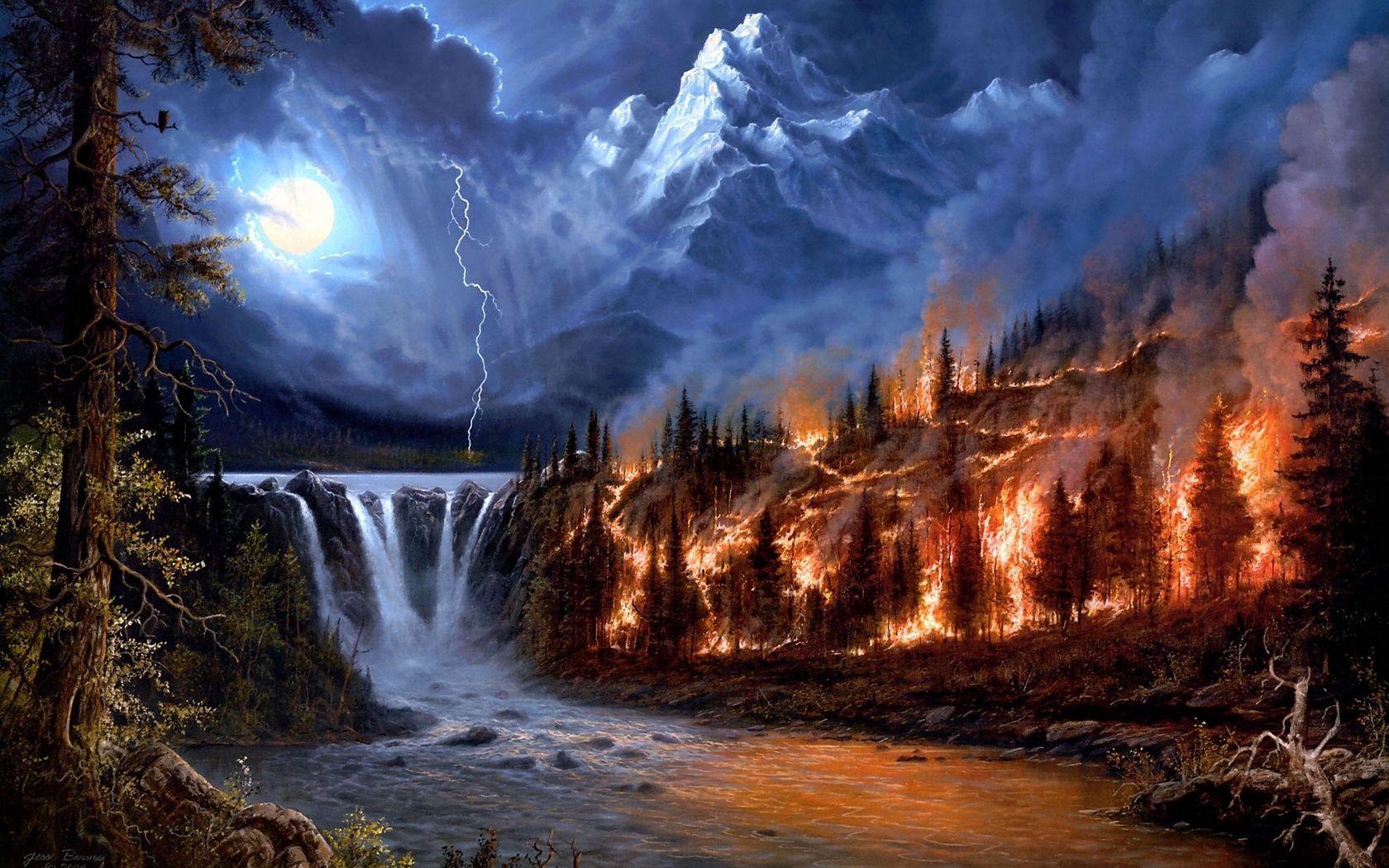 1680x1050 Download wallpaper 1680x1050 fire, lightning, moon, night, wood, mountains, falls, trees widescreen 16:10 HD background
