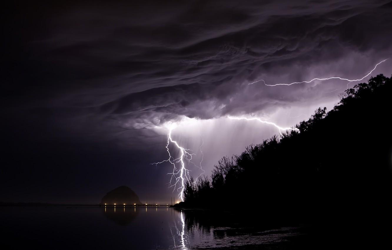 1332x850 Wallpaper the storm, beach, mountains, nature, the dark background, overcast, lightning, the evening, cyclone, dangerous image for desktop, section природа