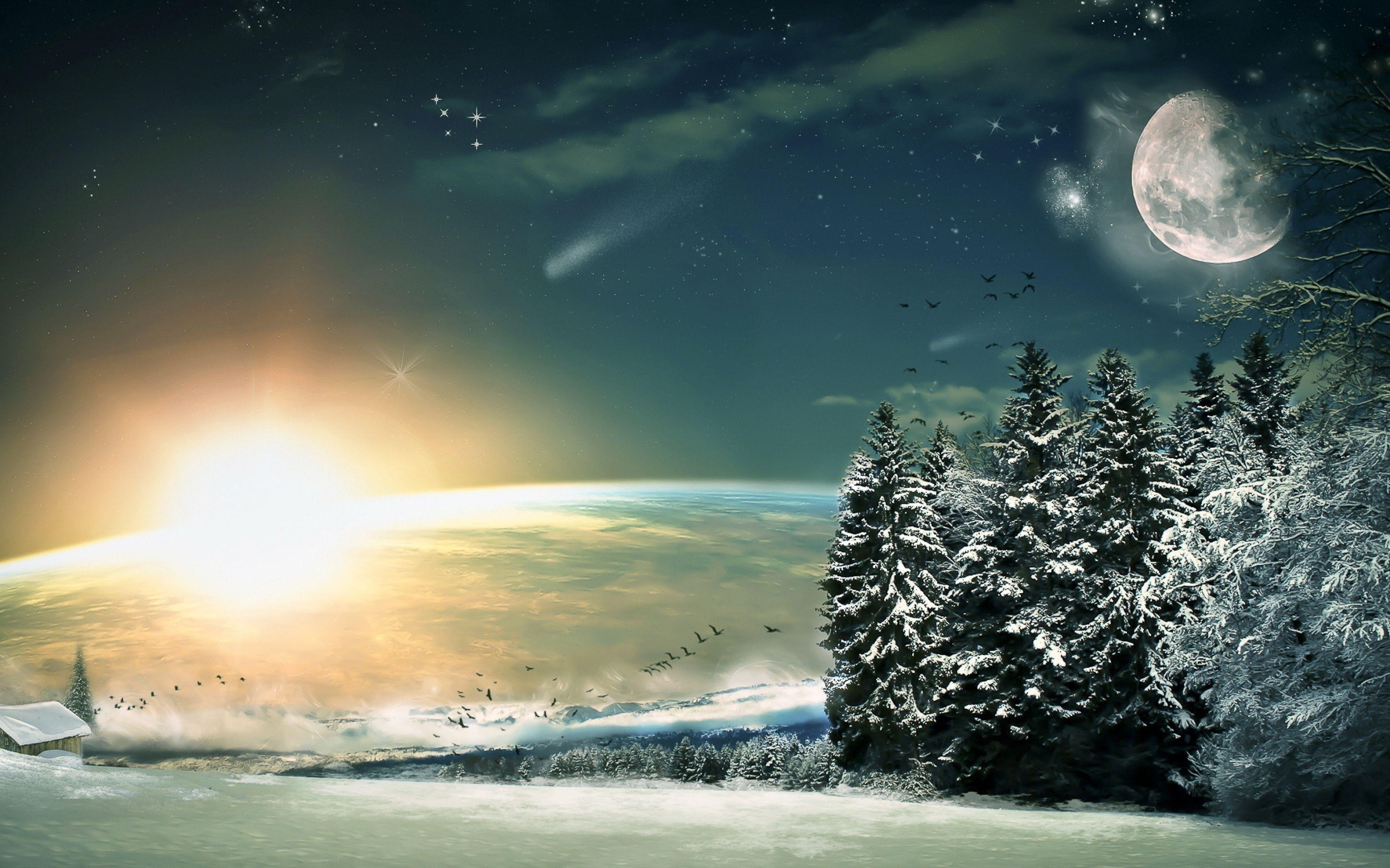 3840x2400 Sun Moon Stars Background Free Download