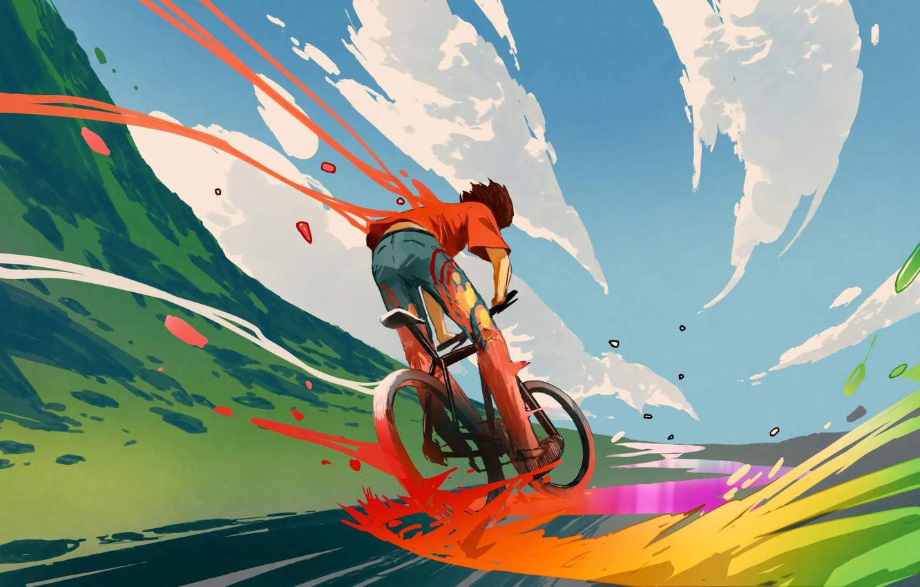 1332x850 Wallpaper Fantasy, Clouds, Sky, Digital Art, Colors, Bicycle, Road, Travel, Concept art, Illustration, Outdoors, Artwork, Outside, Journey, Riding image for desktop, section фантастика