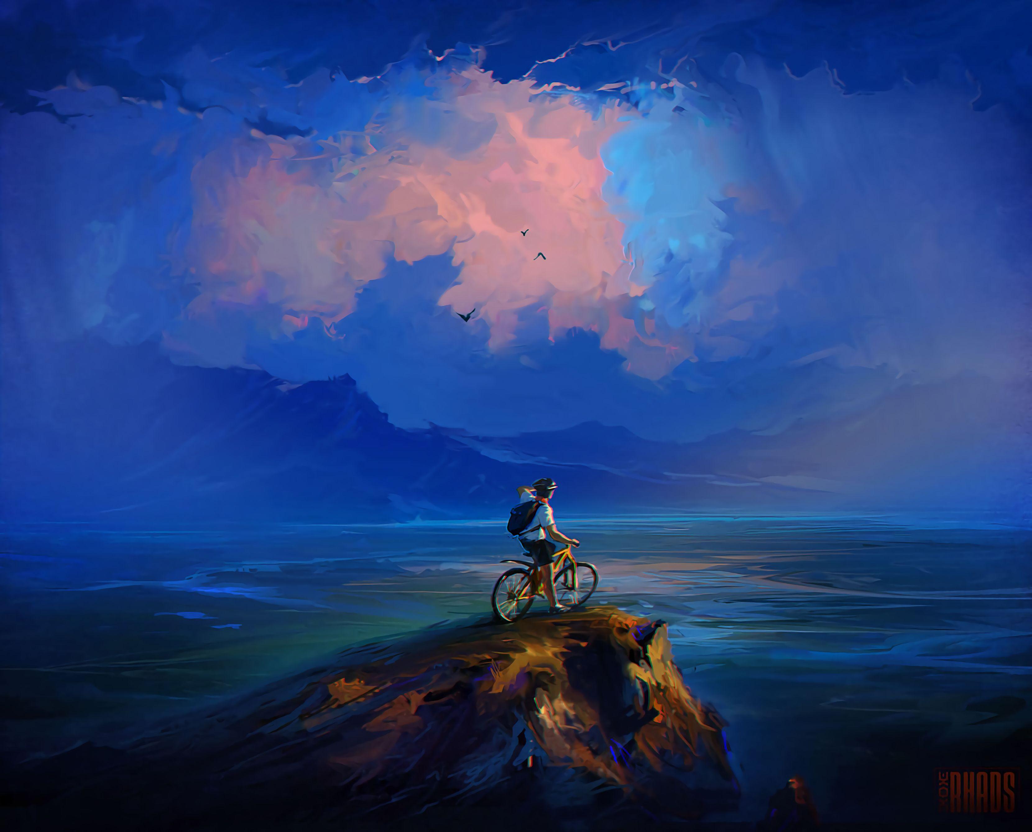 3320x2678 Mobile wallpaper: Cyclist, Art, Sea, Clouds, Rock, Break, Precipice, 63028 download the picture for free