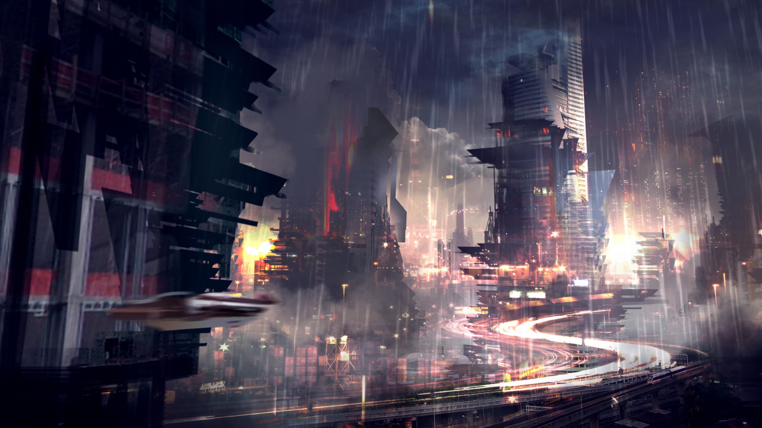 2560x1440 Download wallpaper the city, future, rain, skyscrapers, Noir, megapolis, section fantasy in resolution 2560x1440