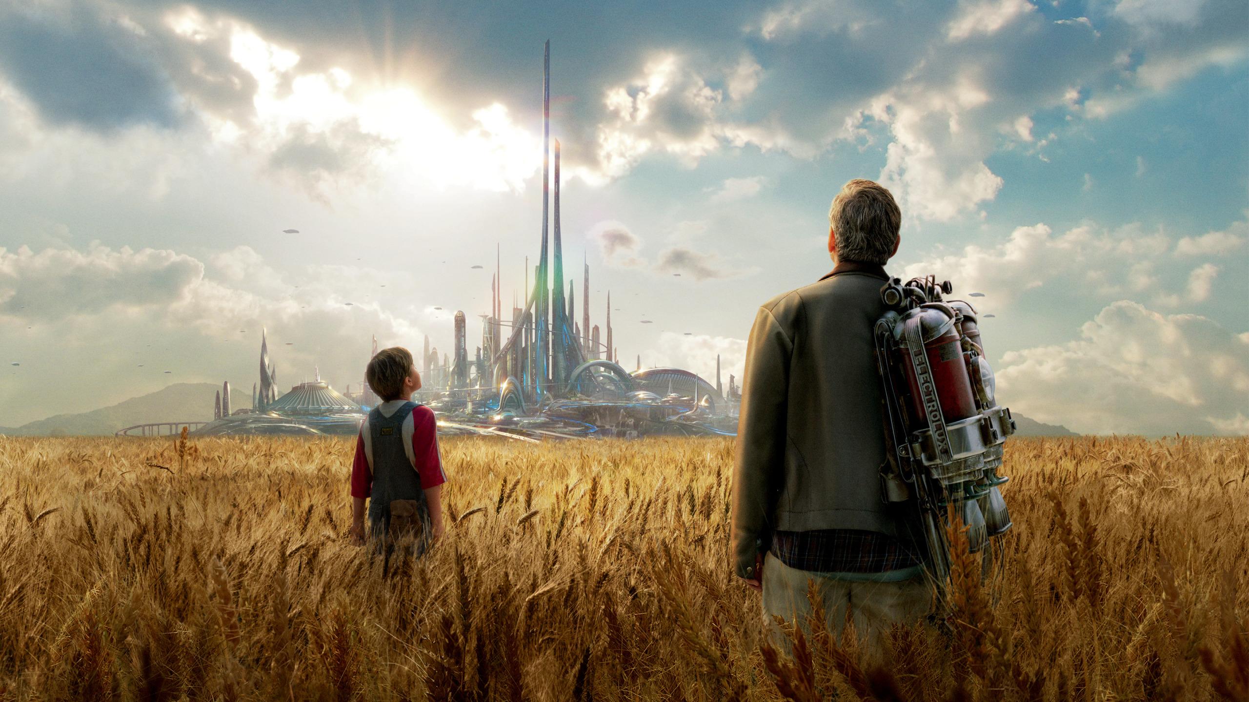 2560x1440 Download wallpaper field, the city, fiction, ears, utopia, George Clooney, George Clooney, Tomorrowland, parallel world, Future earth, cylinder, section films in resolution 2560x1440