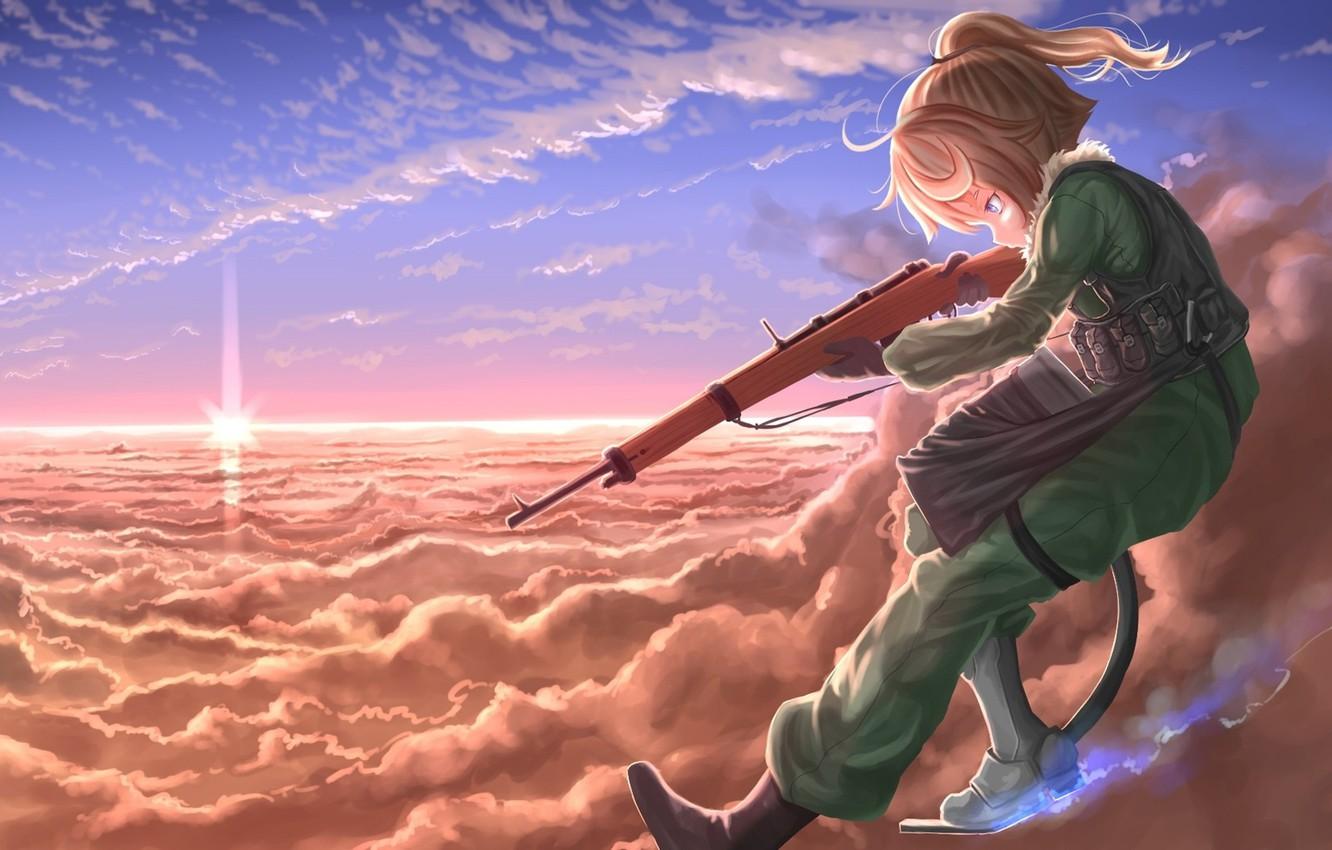 1332x850 Wallpaper girl, gun, soldier, military, weapon, war, eyes, anime, blonde, asian, manga, oriental, asiatic, powerful, strong, uniform image for desktop, section прочее