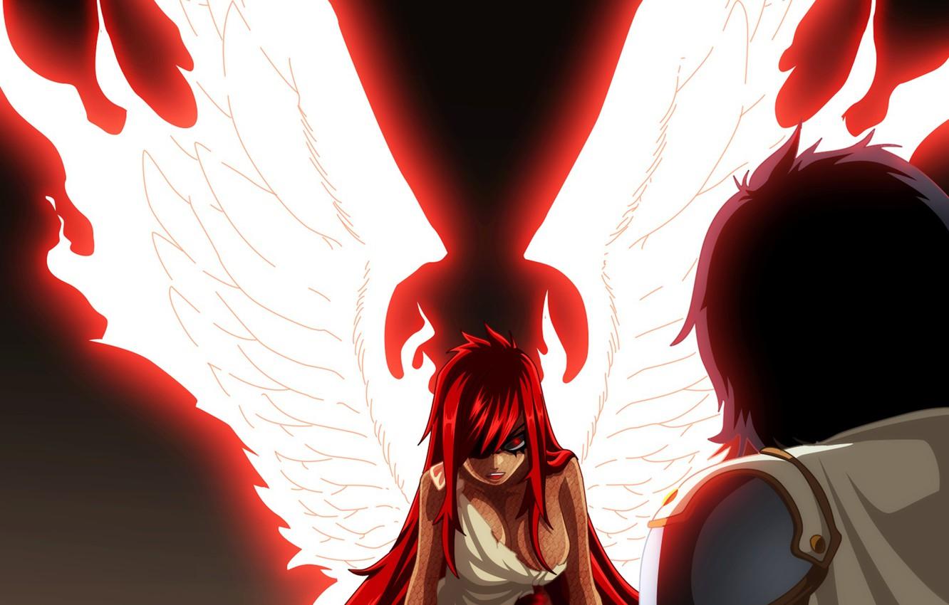 1332x850 Wallpaper red, girl, game, red hair, dress, anime, wings, red eyes, pretty, man, redhead, manga, Fairy Tail, oppai, strong, by animefanno1 image for desktop, section сёнэн