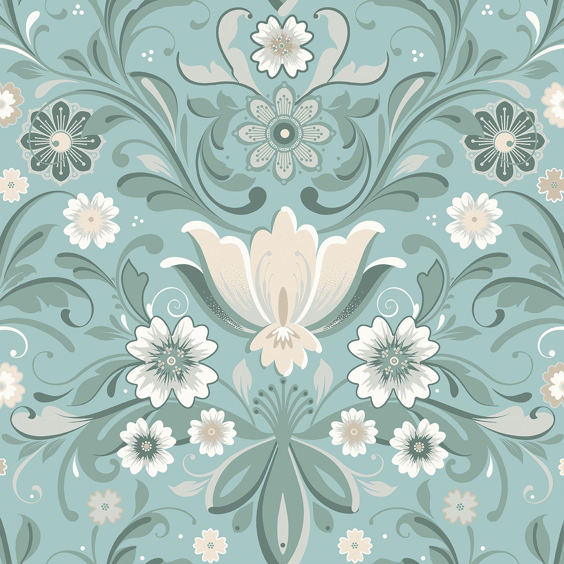 1800x1800 2999 24111 Ostanskar Retro Floral Wallpaper In Turquoise Blue White Grey Teal Colors With Framed Scroll Leaves Flowers Botanical Style Non Woven Unpasted Wall Covering By Brewster Savvy Decorator